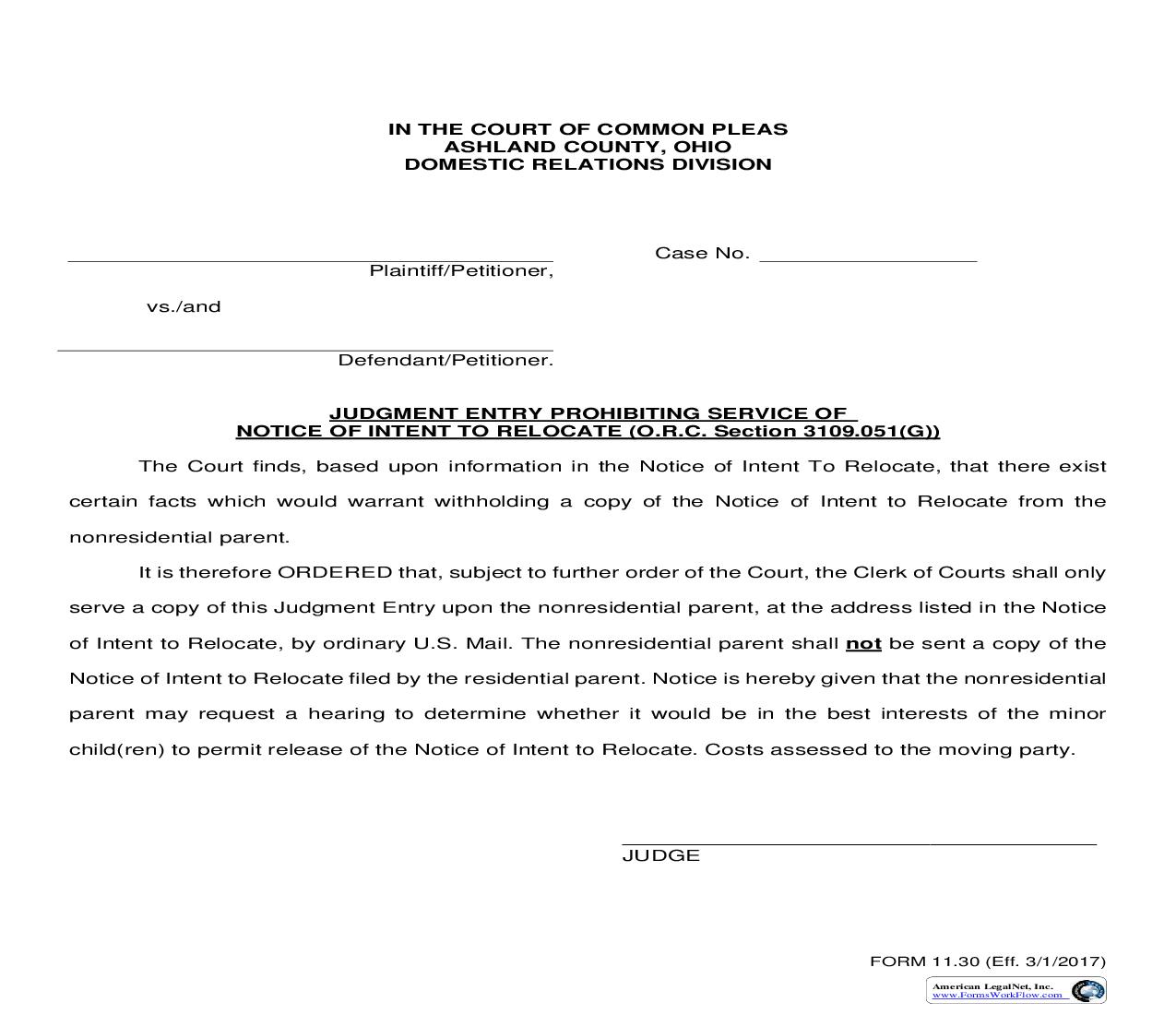 Judgment Entry Prohibiting Service Of Notice Of Intent To Relocate {11.30} | Pdf Fpdf Doc Docx | Ohio