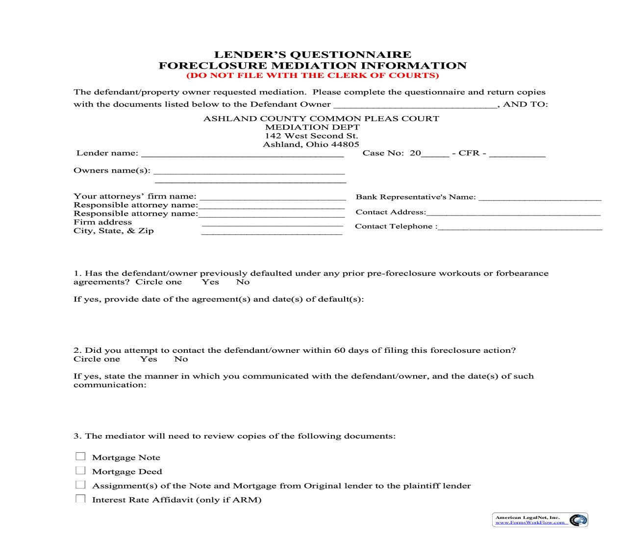 Lenders Questionnaire Forclosure Mediation Information | Pdf Fpdf Doc Docx | Ohio