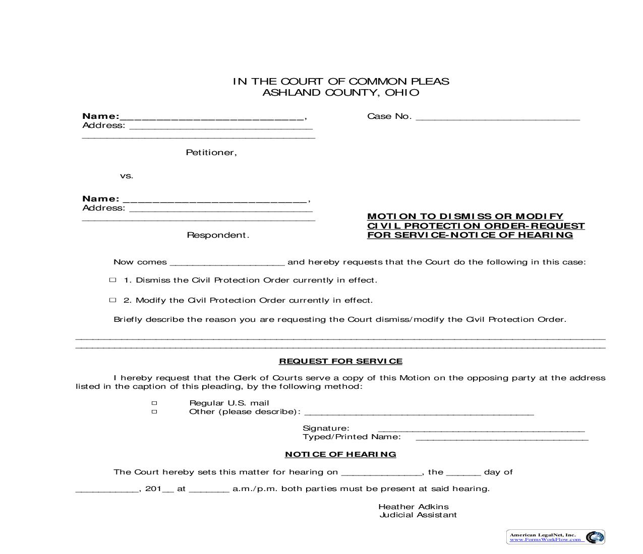 Motion To Dismiss Or Modify Civil Protection Order Request For Service Notice Of Hearing | Pdf Fpdf Doc Docx | Ohio