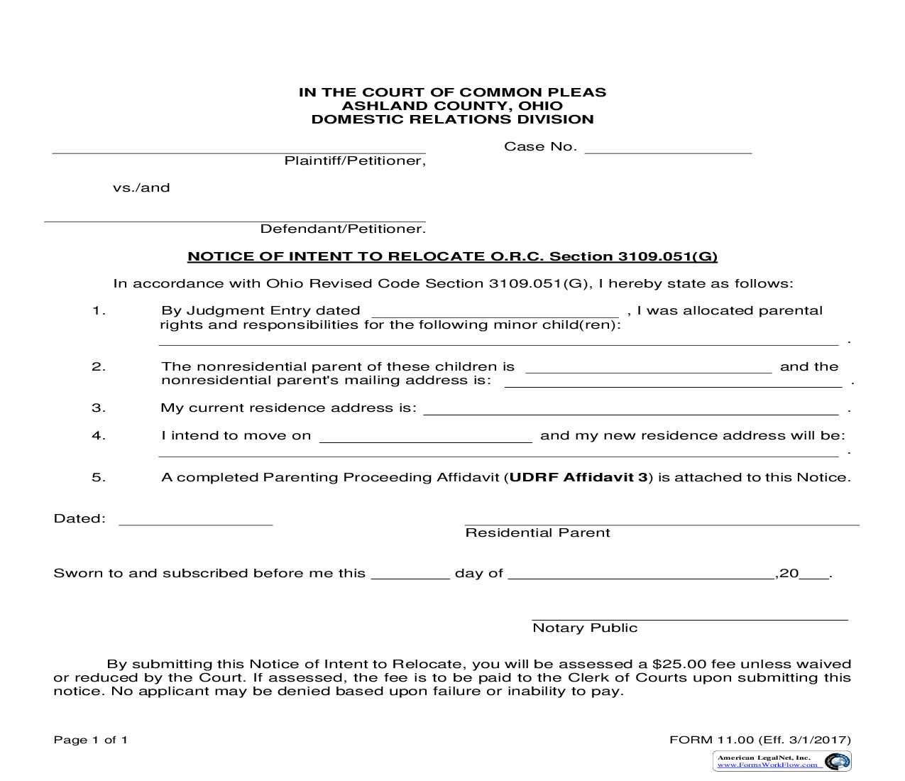Notice Of Intent To Relocate ORC Section  3109.051 {11.00} | Pdf Fpdf Doc Docx | Ohio