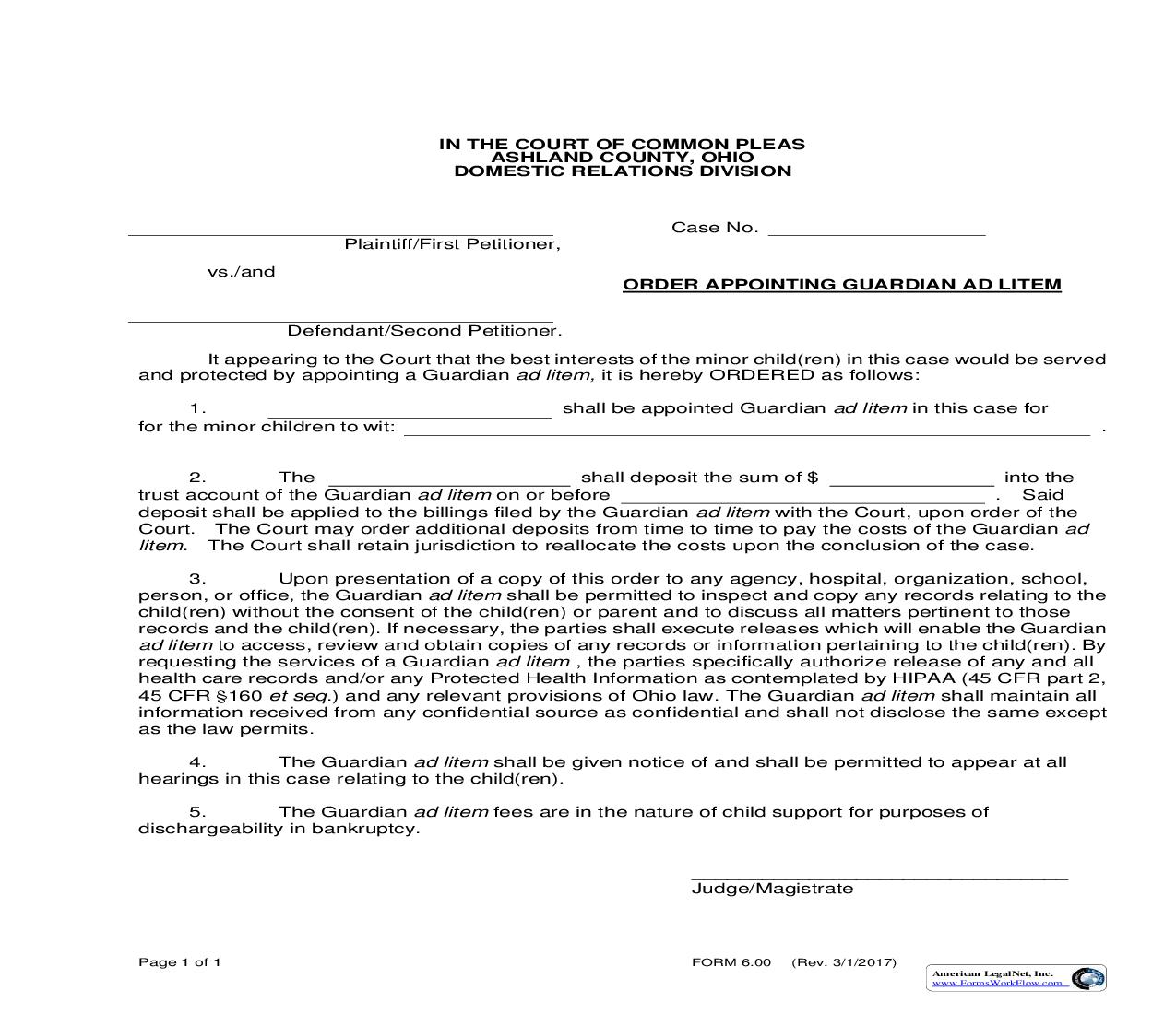 Order Appoiting Guardian Ad Litem {6.00} | Pdf Fpdf Doc Docx | Ohio