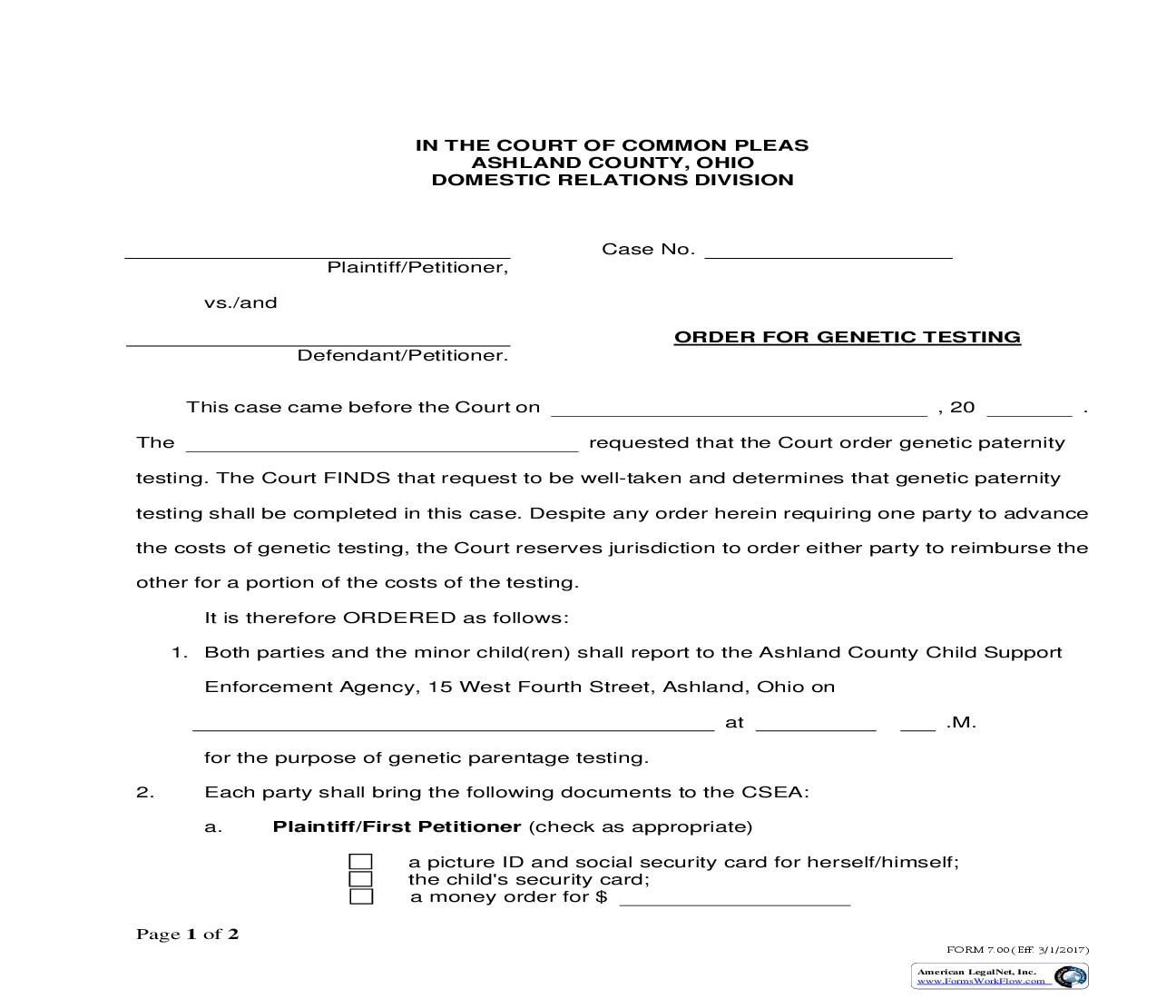 Order For Genetic Testing {7.00} | Pdf Fpdf Doc Docx | Ohio