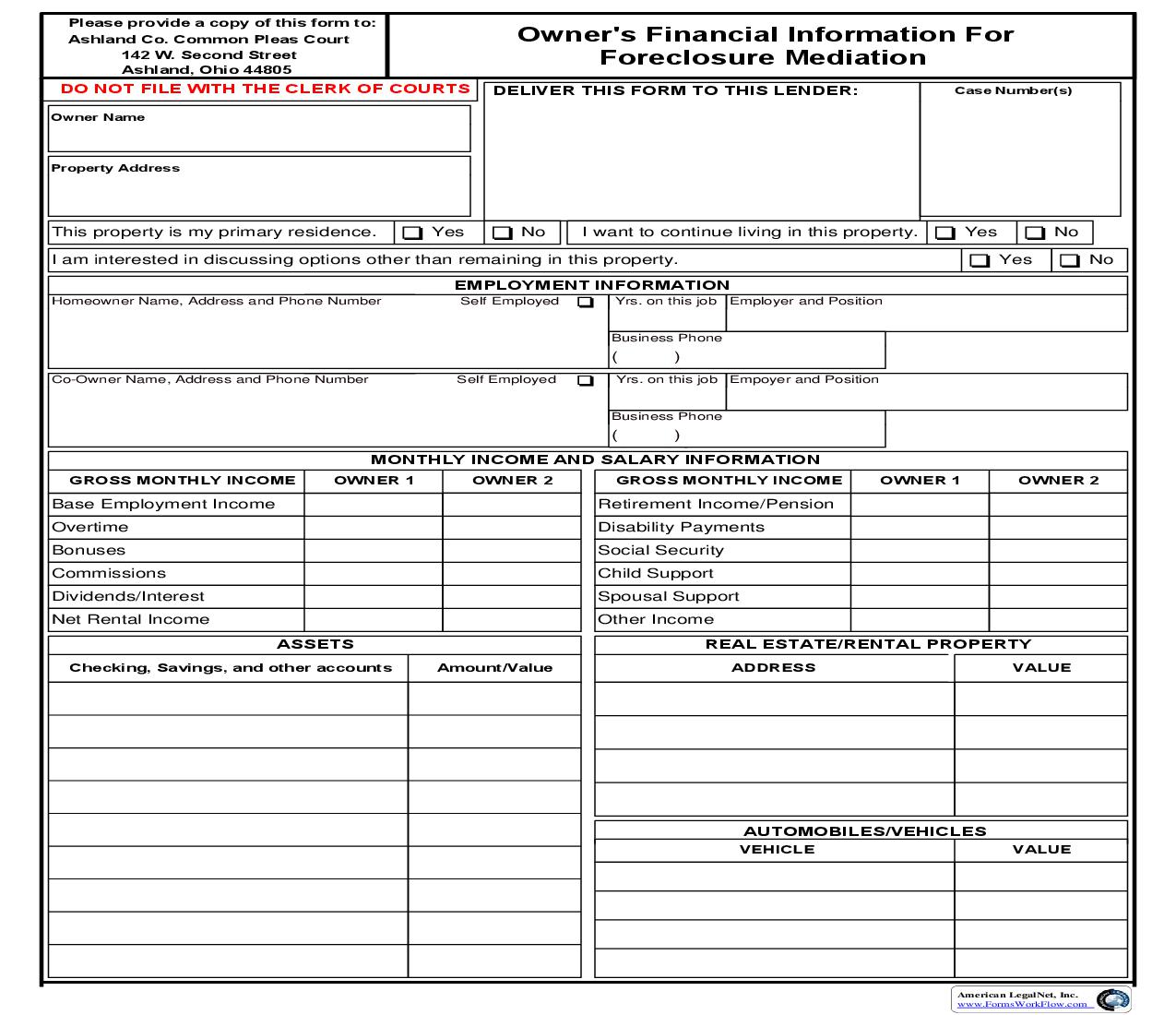 Owners Financial Information For Foreclosure Mediation | Pdf Fpdf Doc Docx | Ohio