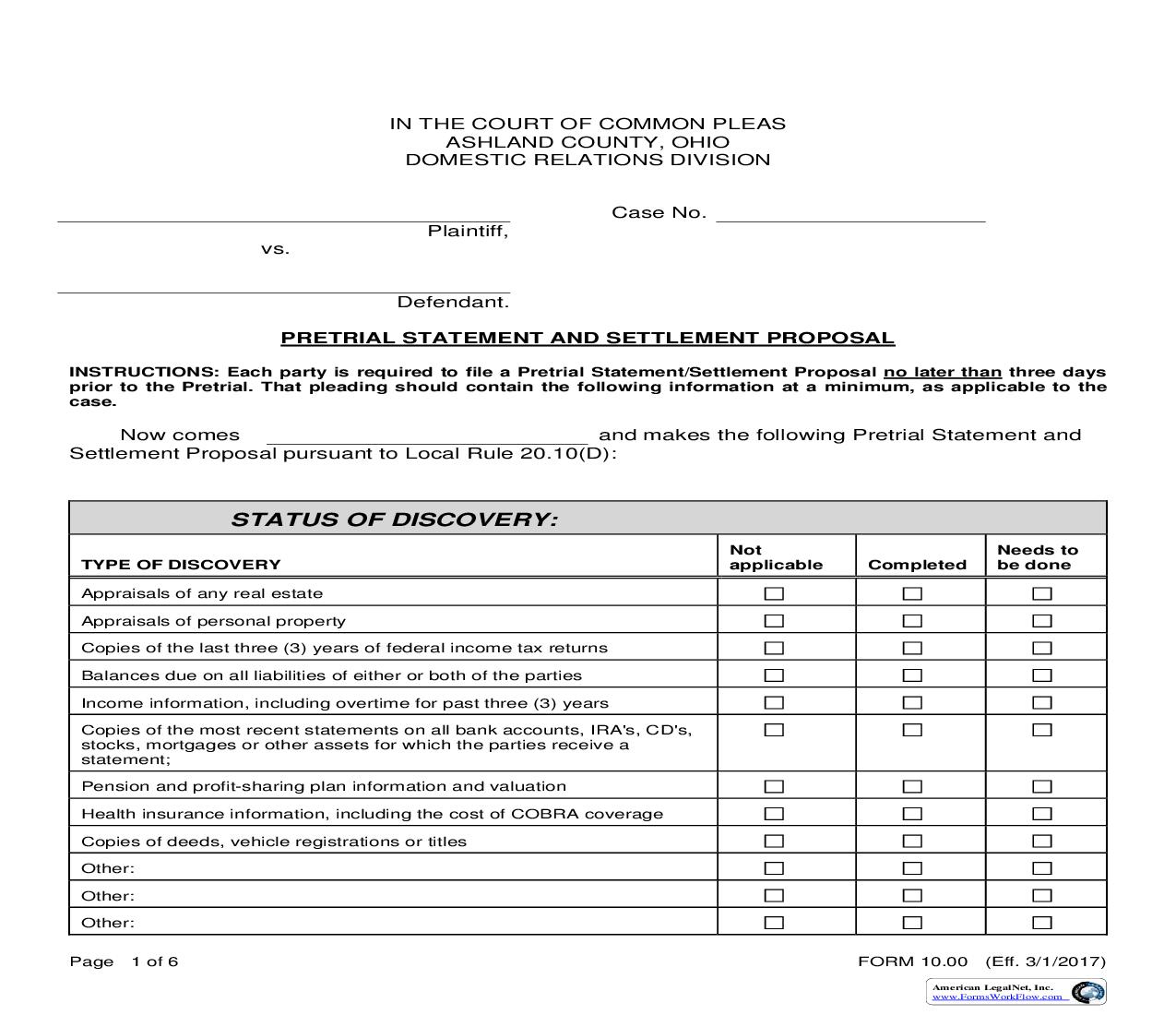 Pretrial Statement And Settlement Proposal {10.00} | Pdf Fpdf Doc Docx | Ohio
