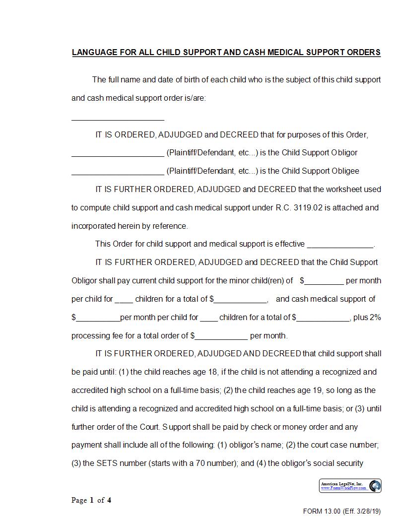 Suggested Language For Child Support Orders {13.00} | Pdf Fpdf Docx | Ohio