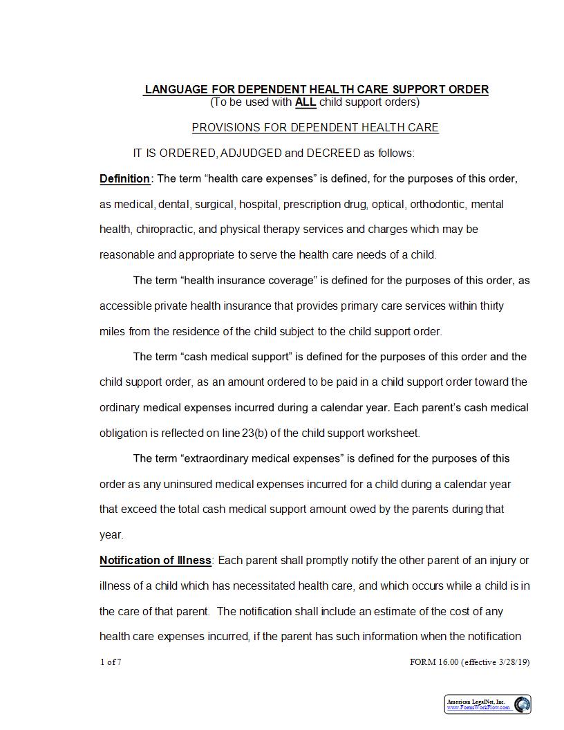 Suggested Language For Dependent Health Care Order Provisions {16.00} | Pdf Fpdf Docx | Ohio
