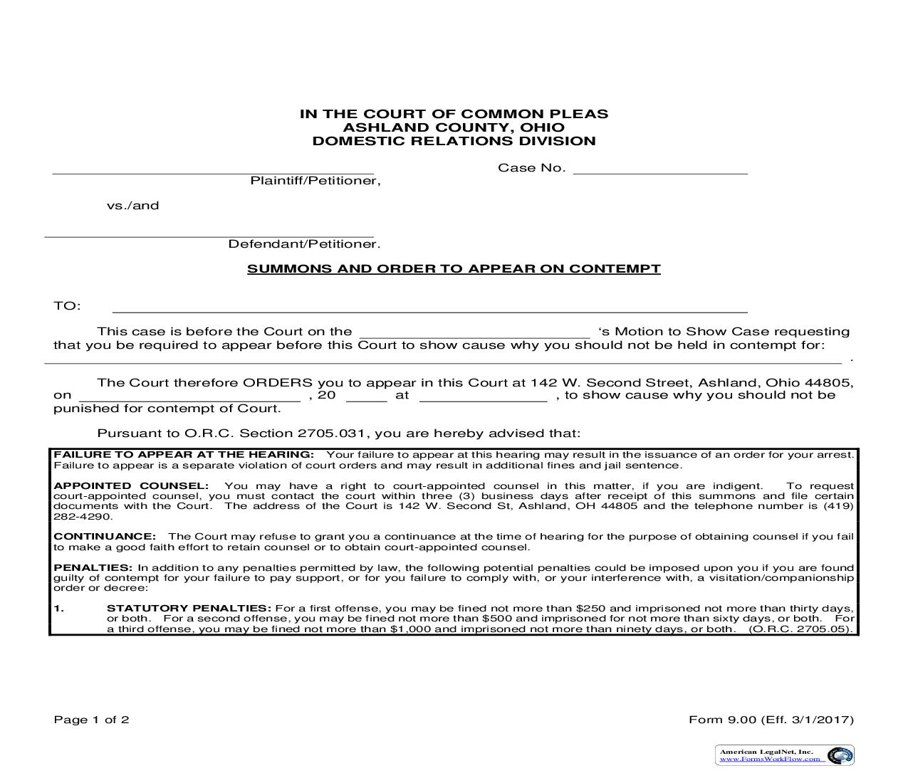 Summons And Order To Appear On Contempt {9.00} | Pdf Fpdf Doc Docx | Ohio