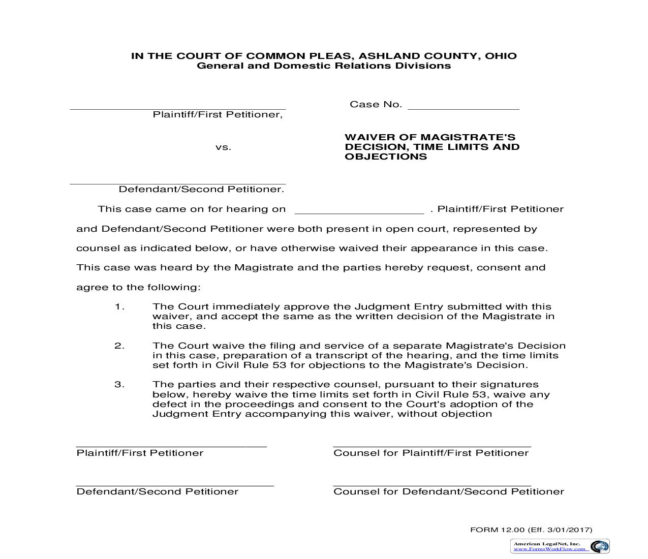 Waiver Of Magistrates Decision Time Limits And Objections {12.00} | Pdf Fpdf Doc Docx | Ohio