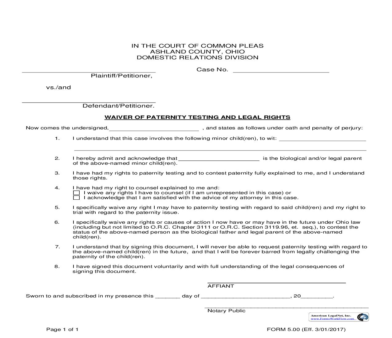 Waiver Of Paternity Testing And Legal Rights {5.00} | Pdf Fpdf Doc Docx | Ohio