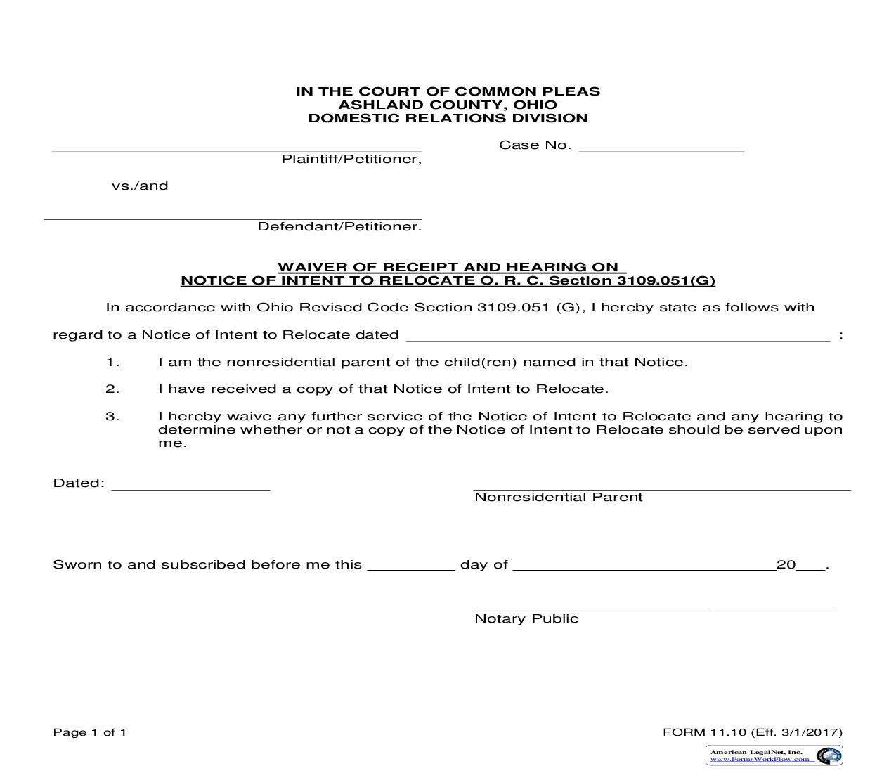 Waiver Of Receipt And Hearing On Notice Of Intent To Relocate {11.10} | Pdf Fpdf Doc Docx | Ohio