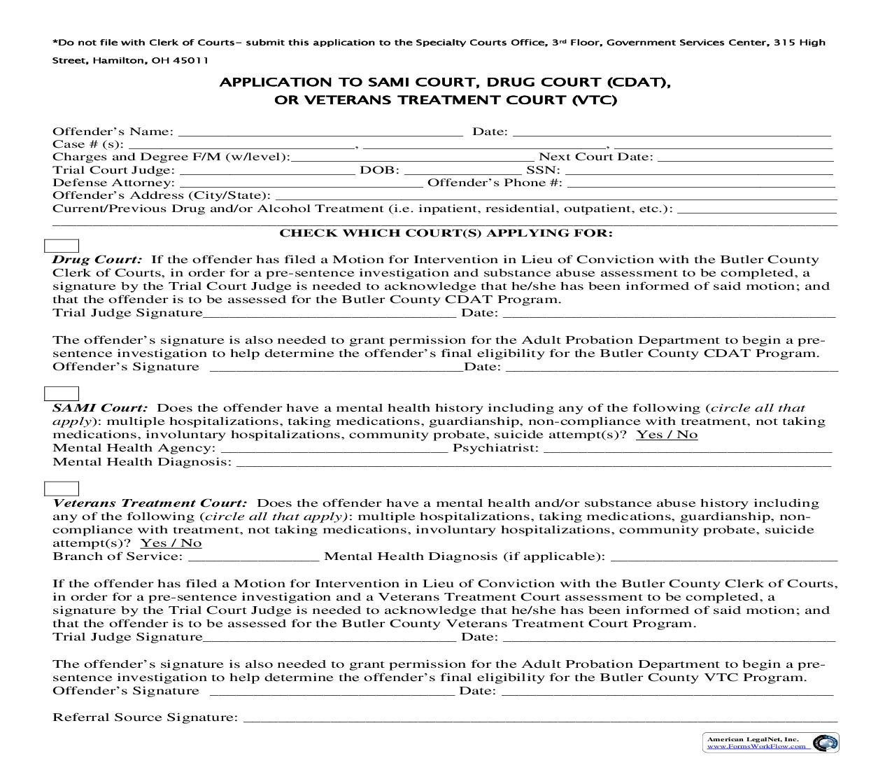 Application To SAMI Court, Drug Court Or Veterans Treatment Court | Pdf Fpdf Doc Docx | Ohio