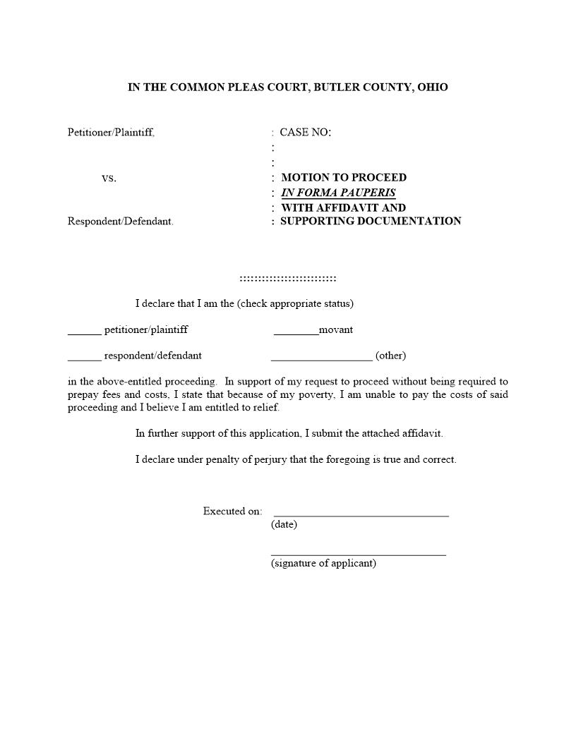 Motion To Proceed In Forma Pauperis With Affidavit And Supporting Documentation | Pdf Fpdf Doc Docx | Ohio