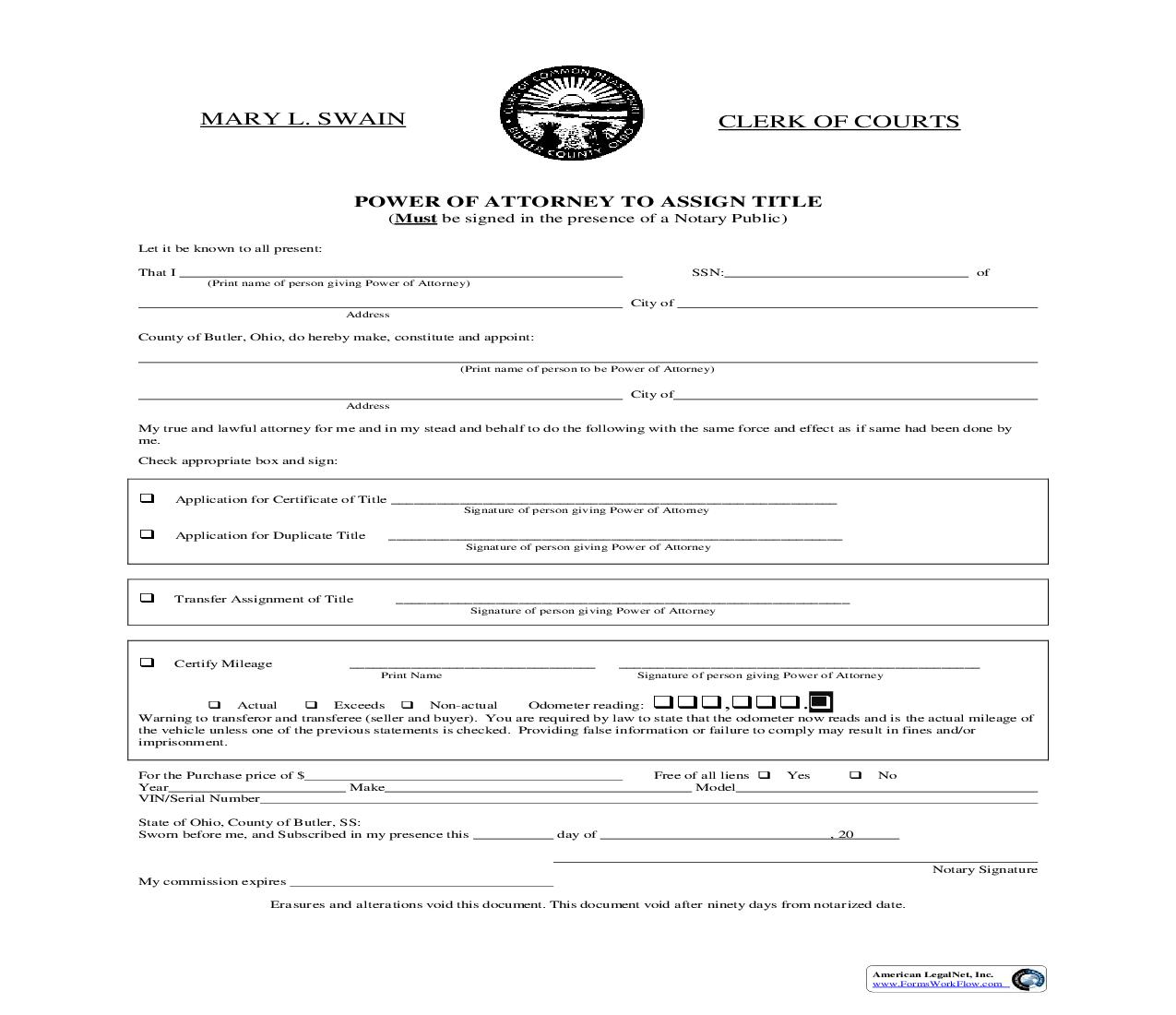 Power Of Attorney To Assign Title | Pdf Fpdf Doc Docx | Ohio