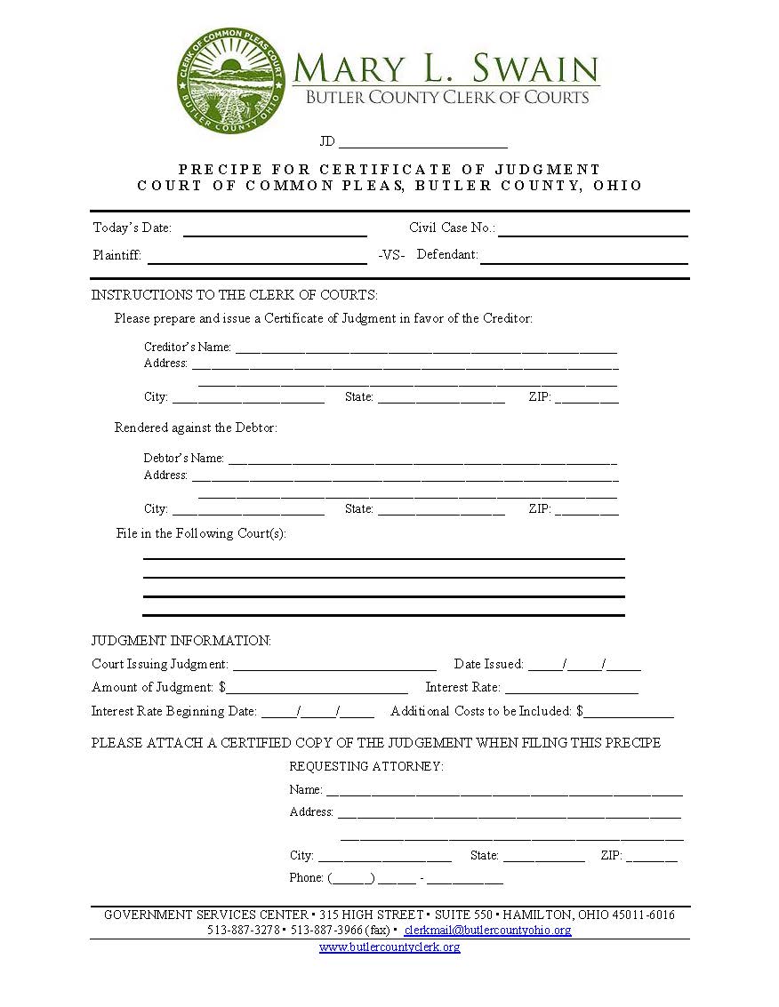 Precipe For Certificate Of Judgment | Pdf Fpdf Docx | Ohio