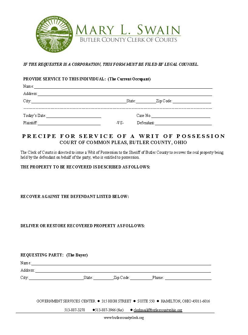 Precipe For Service Of A Writ Of Possession | Pdf Fpdf Docx | Ohio
