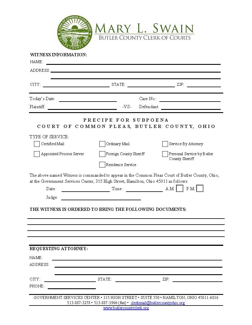 Precipe For Subpoena | Pdf Fpdf Docx | Ohio