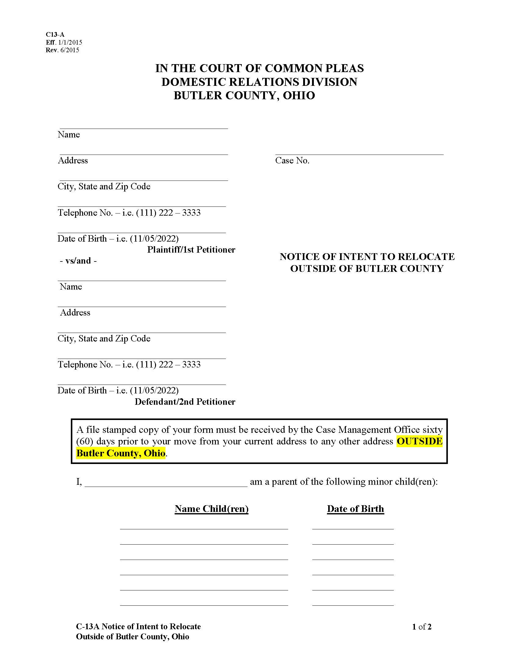 Notice Of Intent To Relocate Outside Of Butler County {C-13A} | Pdf Fpdf Doc Docx | Ohio