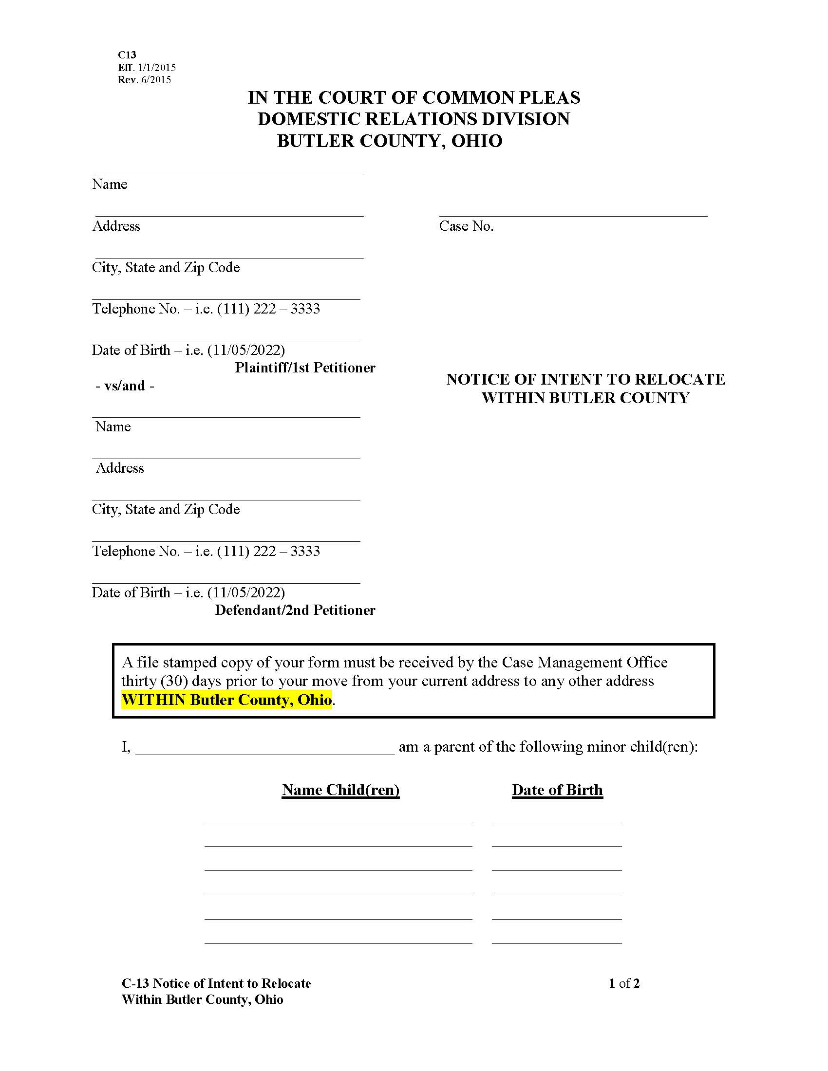 Notice Of Intent To Relocate Within Butler County {C-13} | Pdf Fpdf Doc Docx | Ohio
