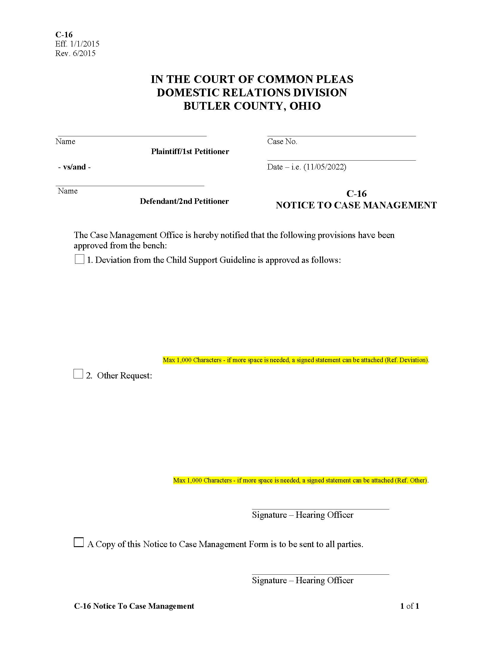Notice To Case Management {C-16} | Pdf Fpdf Doc Docx | Ohio