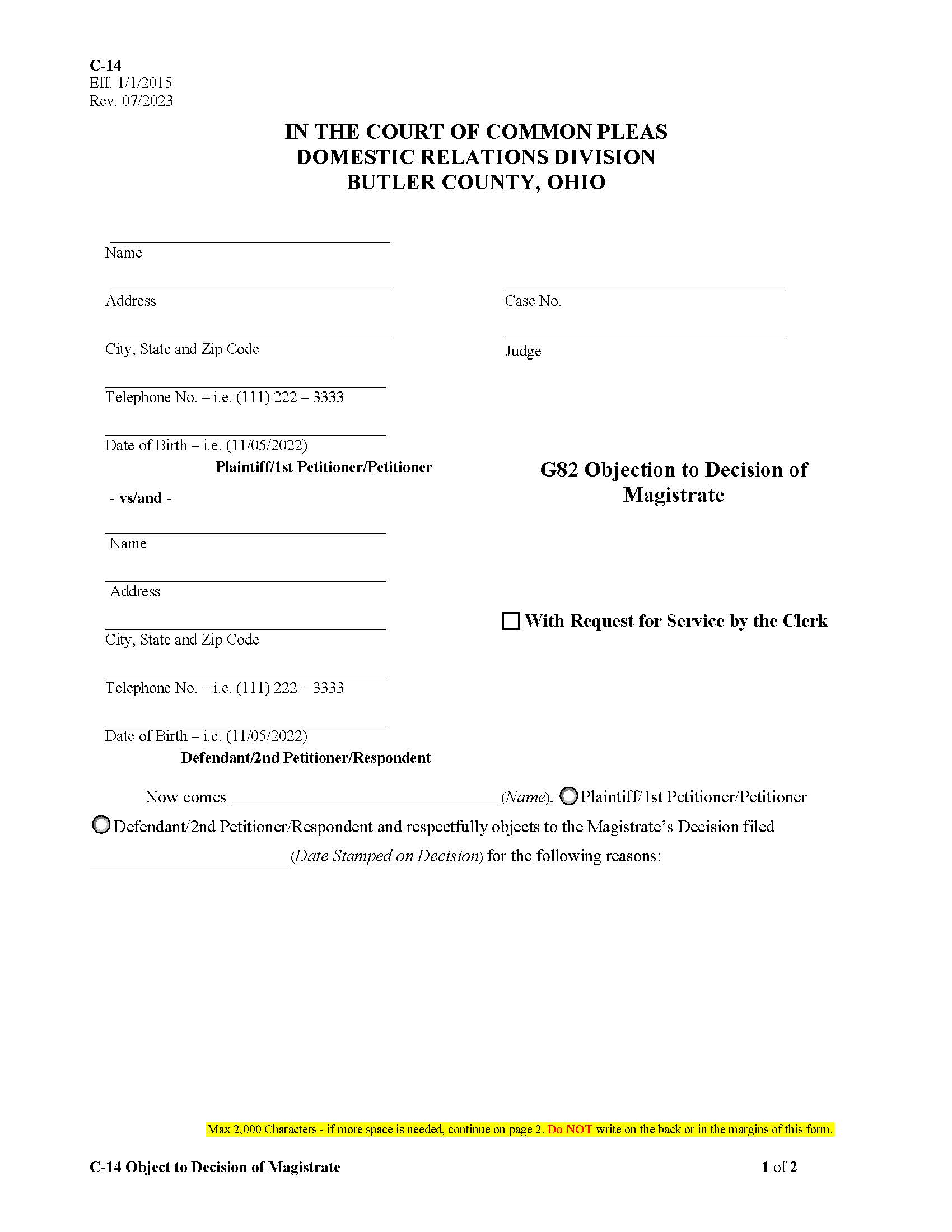 Objection To Magistrates Decision And Notice Of Hearing {C-14} | Pdf Fpdf Doc Docx | Ohio