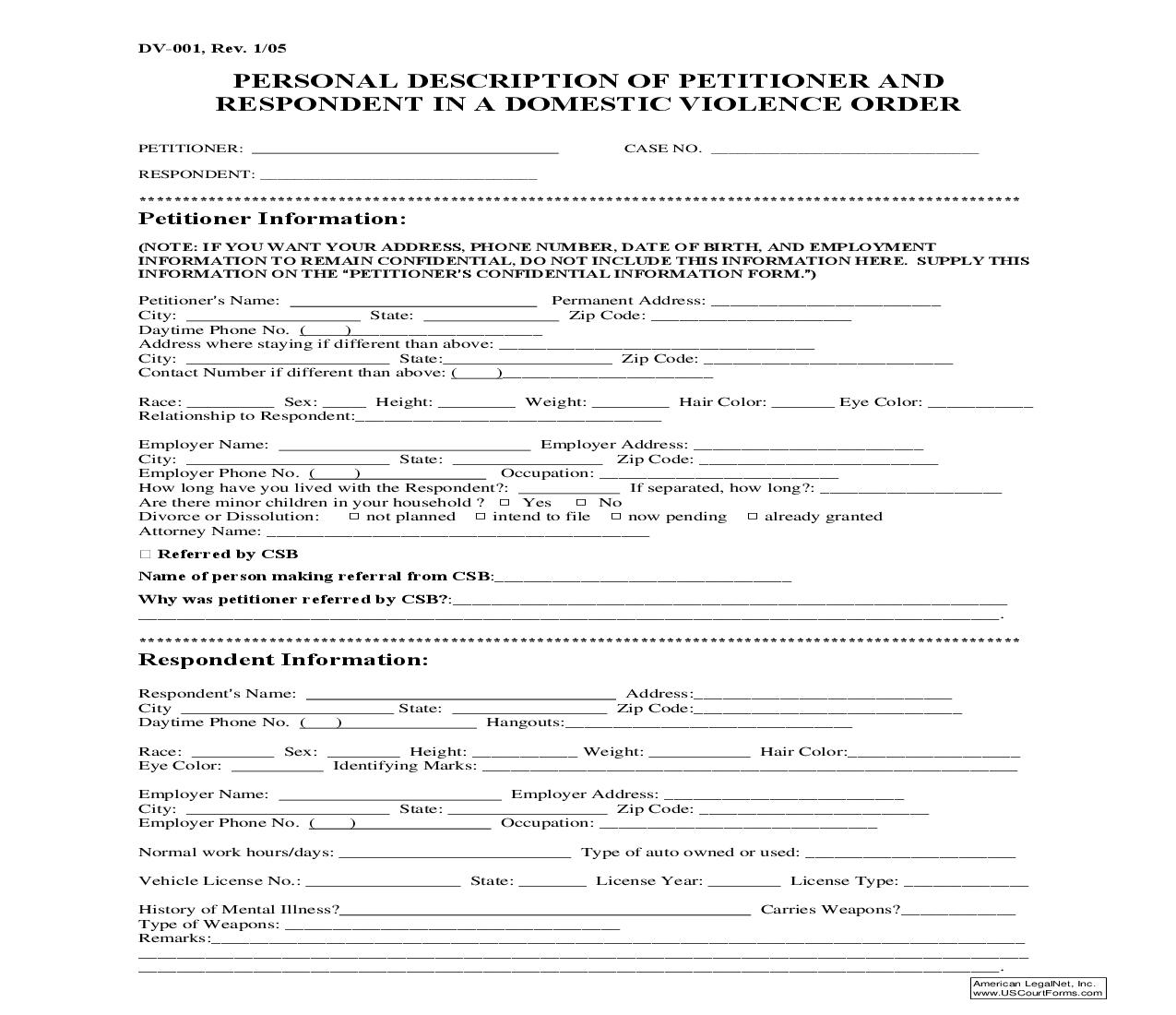 Personal Description Of Petitioner And Respondent {DV-001} |  | Ohio