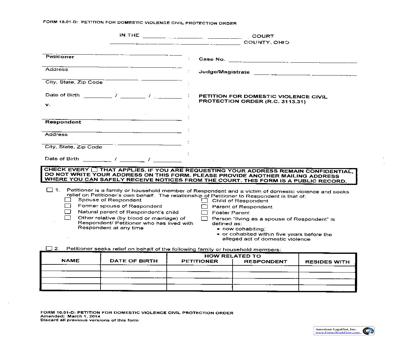 Petition For Domestic Violence Civil Protection Order {DV10.01-D} |  | Ohio