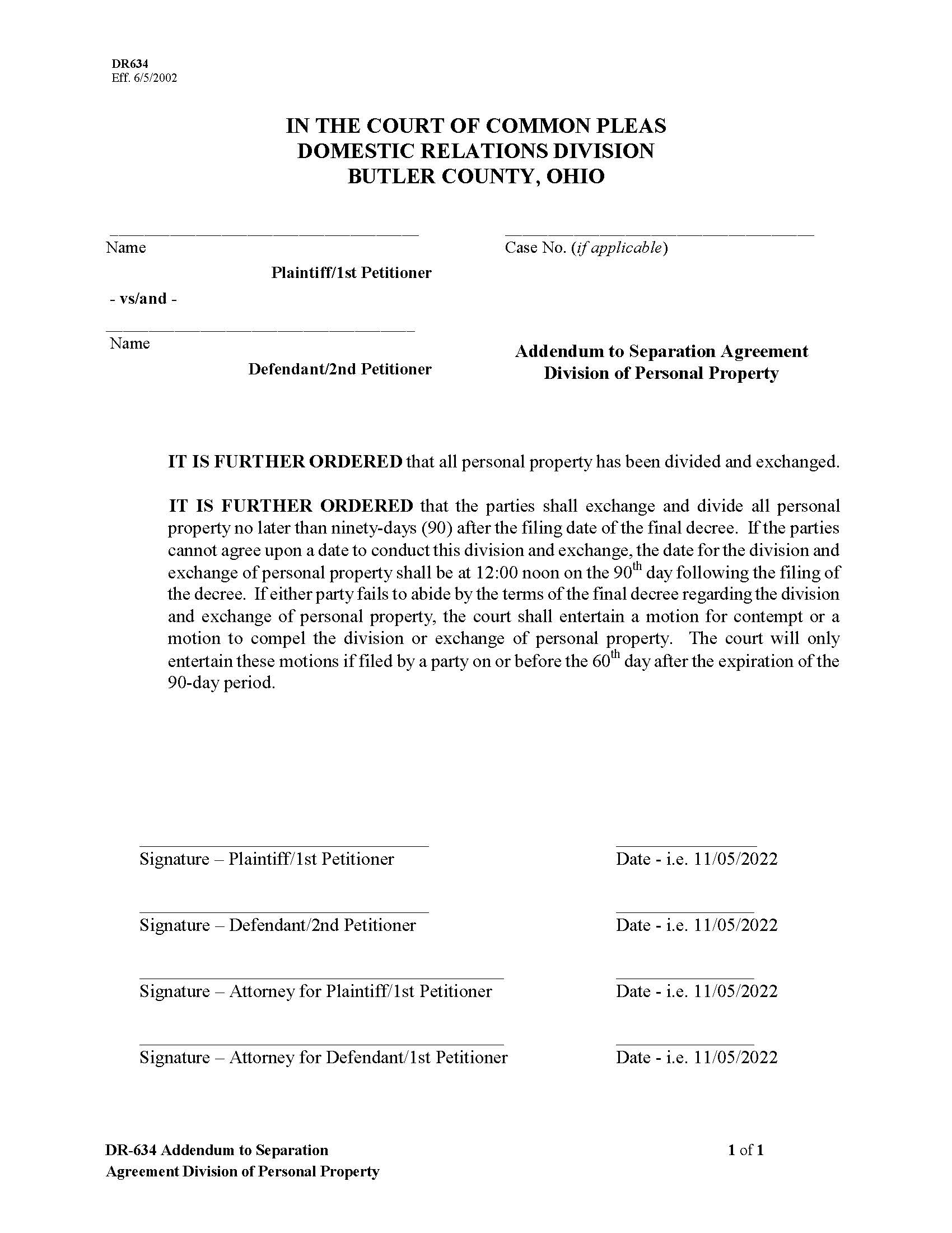 Addendum To Separation Agreement Division Of Personal Property {DR 634} | Pdf Fpdf Doc Docx | Ohio