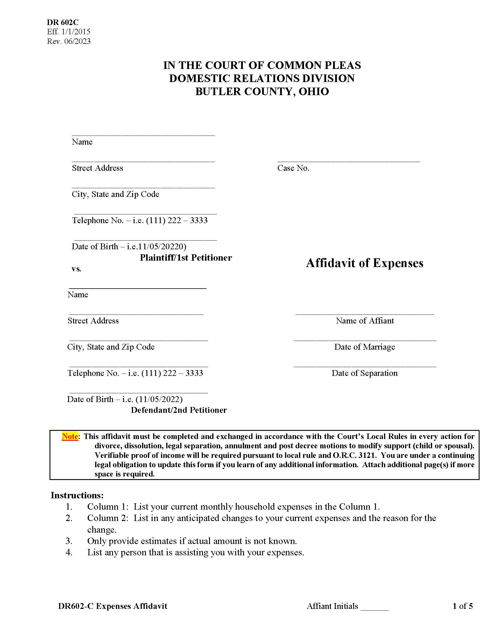 Affidavit Of Expenses {DR 602C} | Pdf Fpdf Doc Docx | Ohio