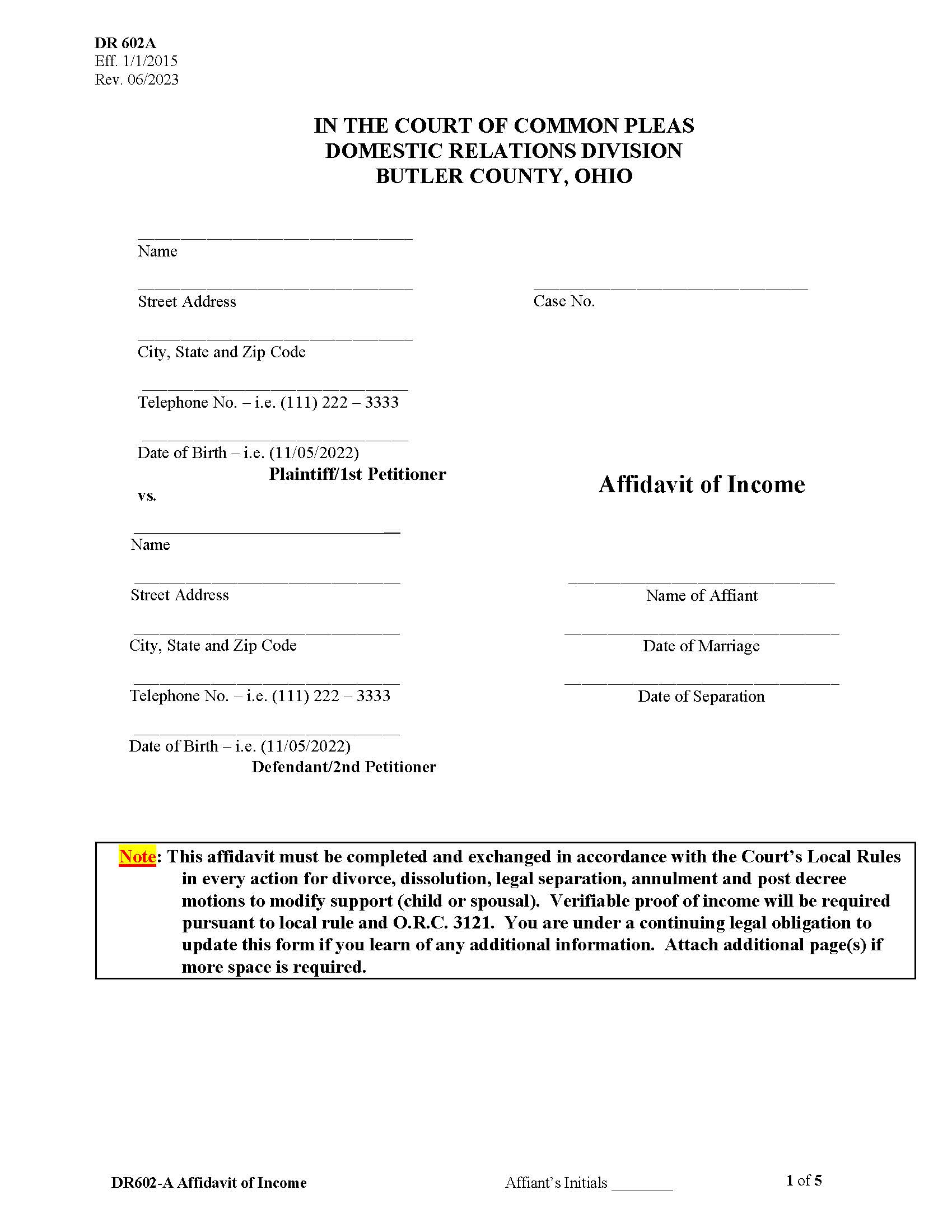 Affidavit Of Income {DR 602A} | Pdf Fpdf Doc Docx | Ohio