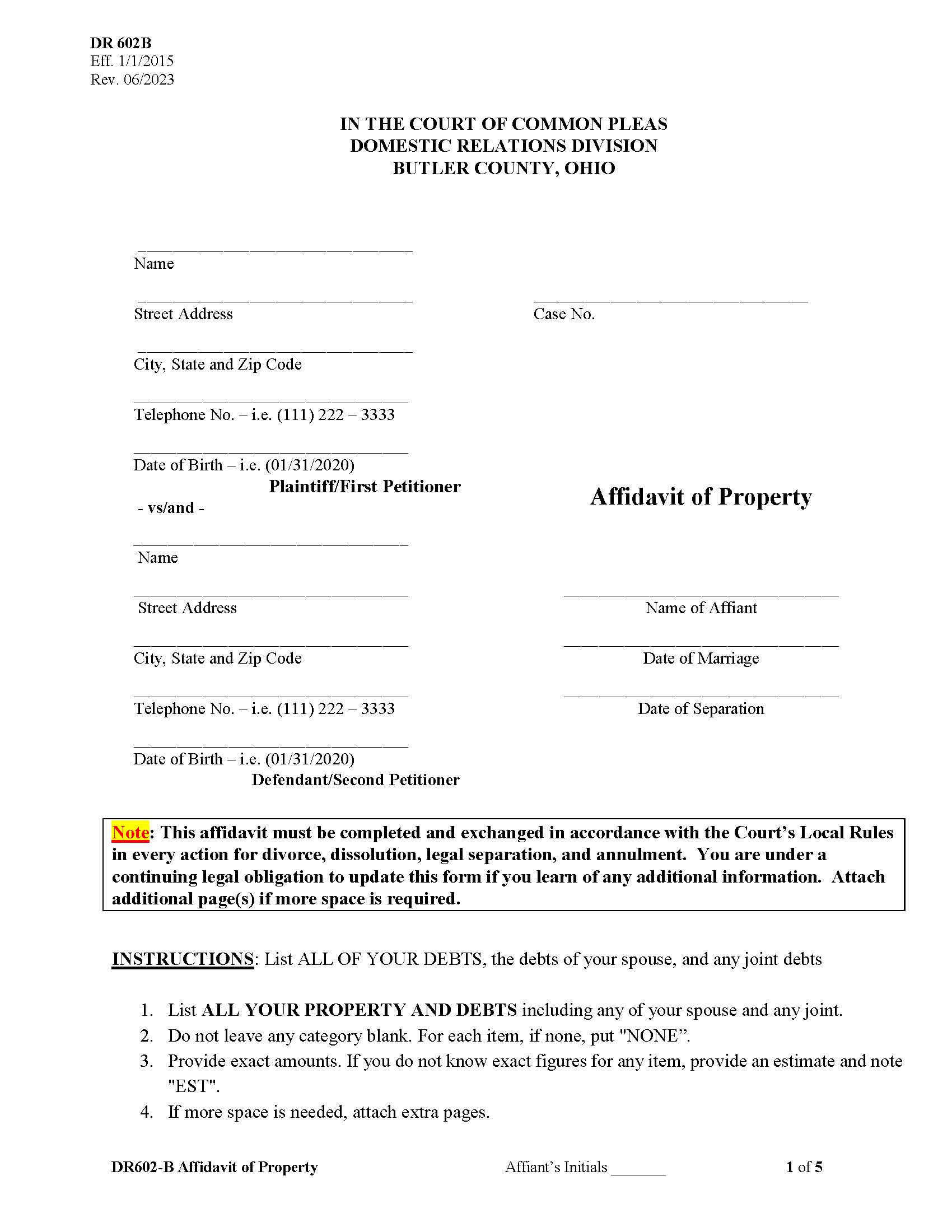 Affidavit Of Property {DR 602B} | Pdf Fpdf Doc Docx | Ohio