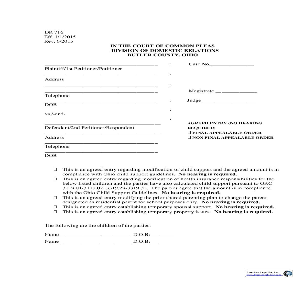 Agreed Entry (No Hearing Required) {DR 716} | Pdf Fpdf Doc Docx | Ohio