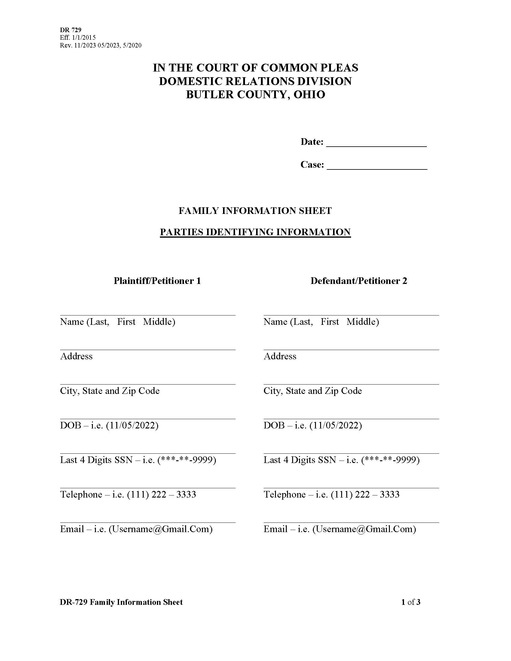 Family Information Sheet(Parties Identifying Information) {DR 729} | Pdf Fpdf Doc Docx | Ohio