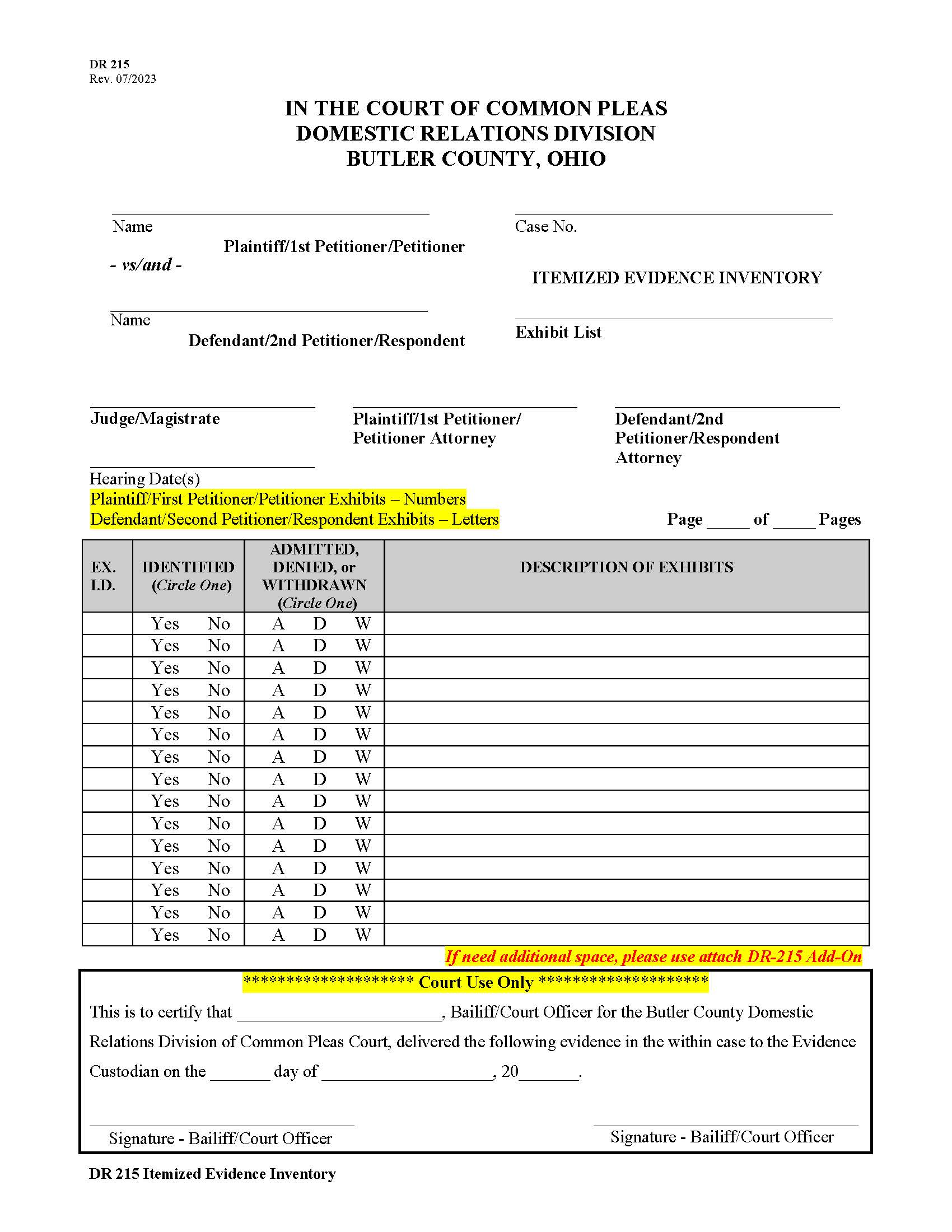 Itemized Evidence Inventory {DR 215} | Pdf Fpdf Docx | Ohio