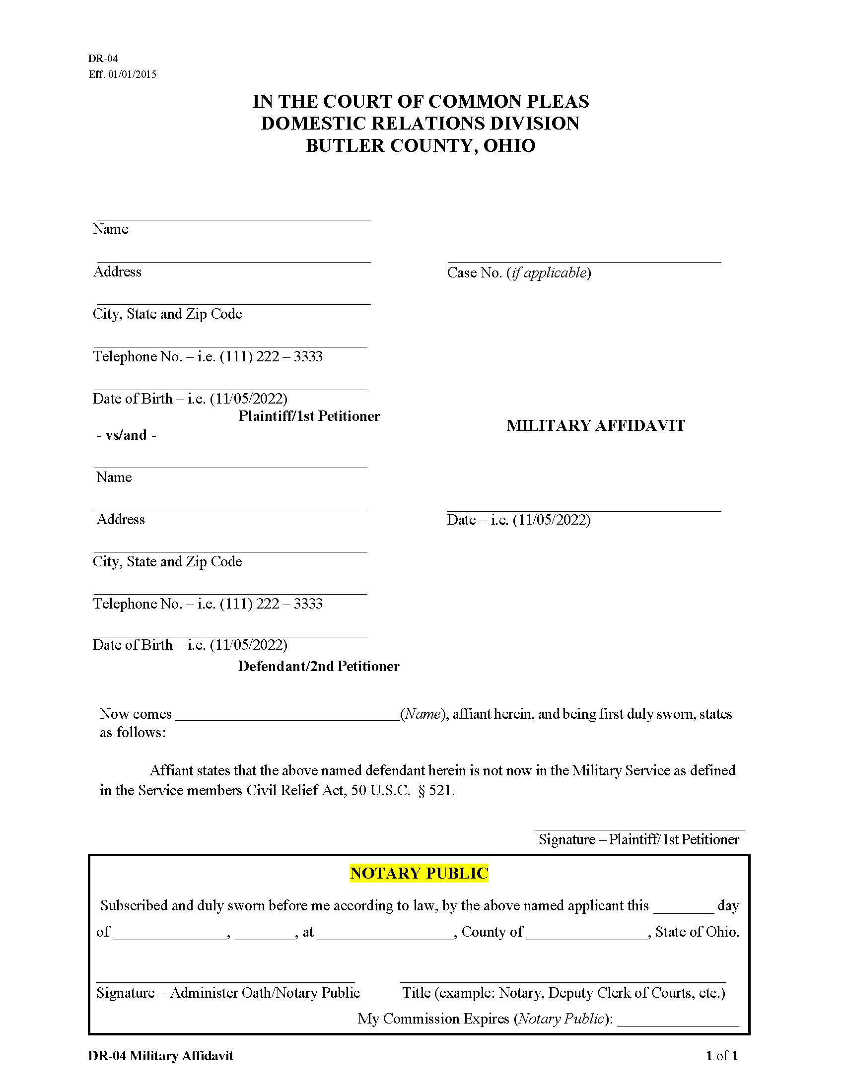 Military Affidavit {DR 04} | Pdf Fpdf Doc Docx | Ohio