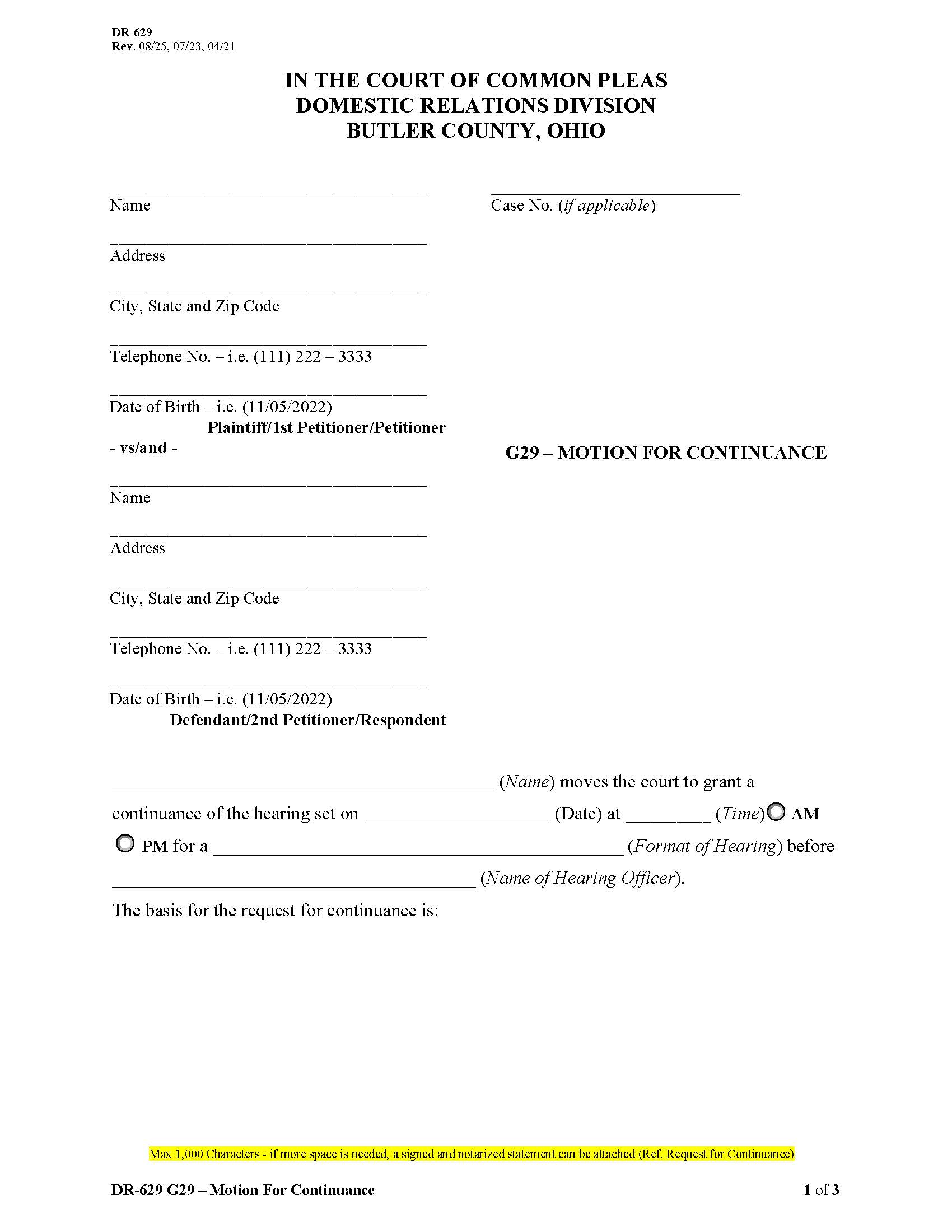 Motion For Continuance {DR 629} | Pdf Fpdf Doc Docx | Ohio