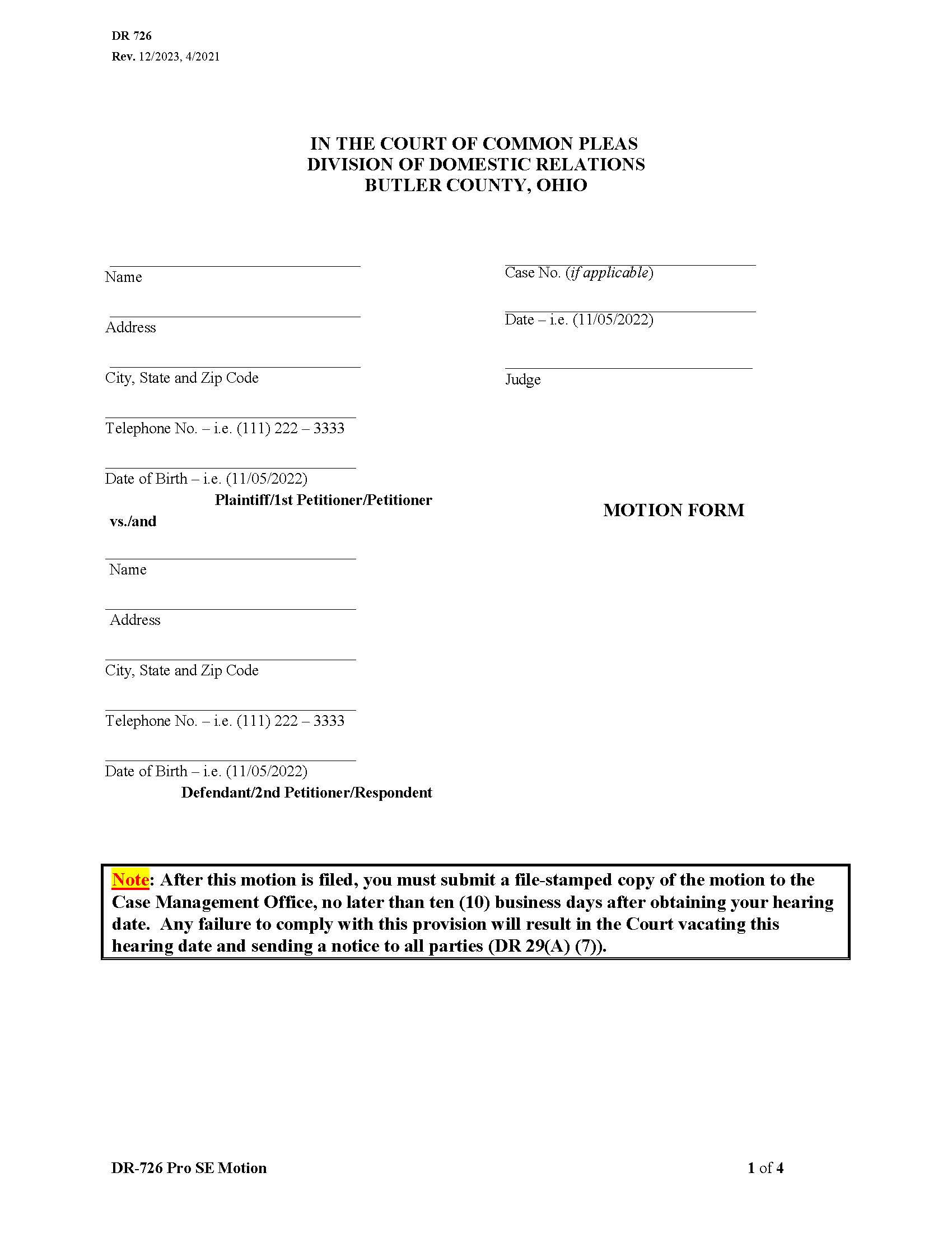 Motion Form {DR 726} | Pdf Fpdf Doc Docx | Ohio