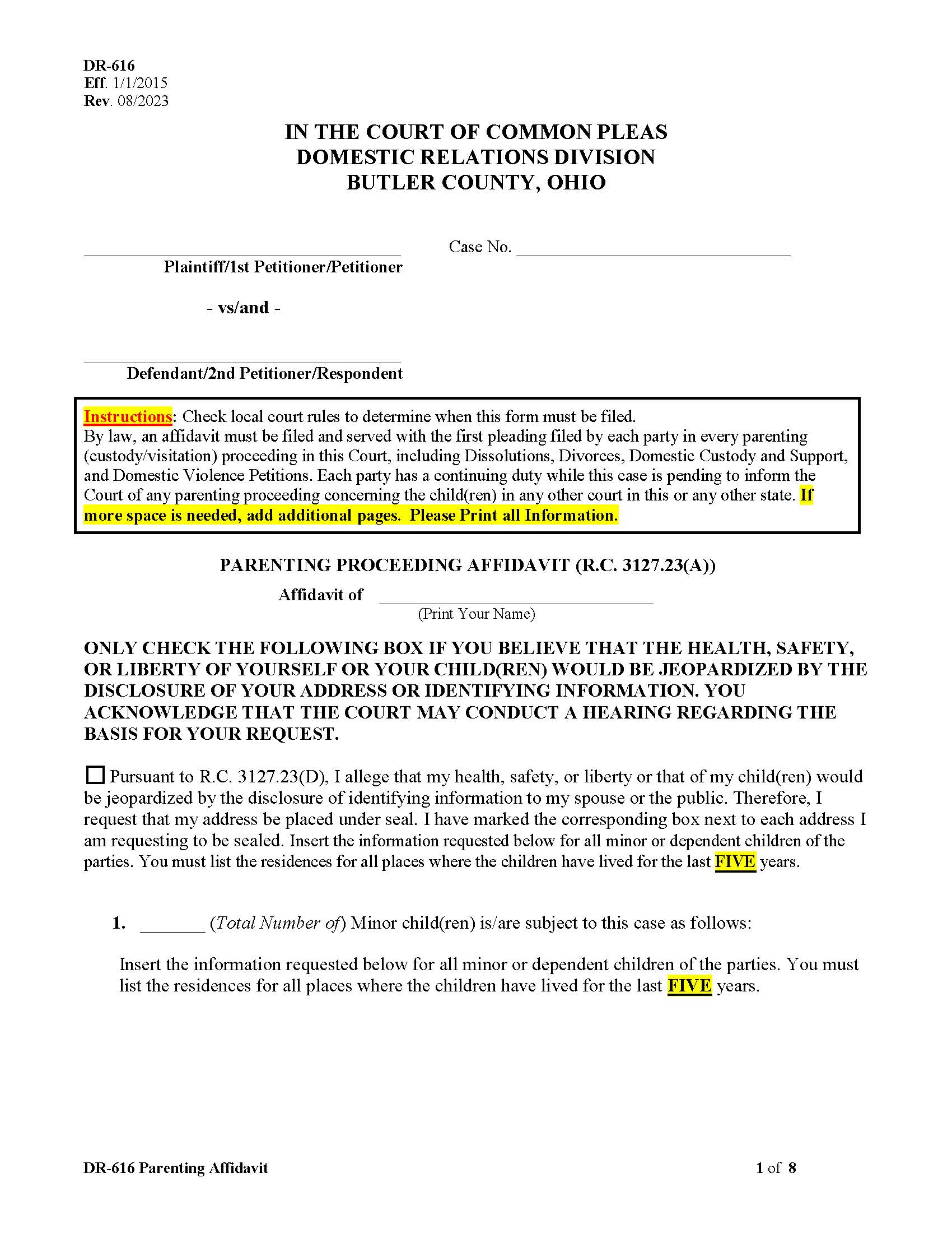 Parenting Proceeding Affidavit {DR 616} | Pdf Fpdf Doc Docx | Ohio