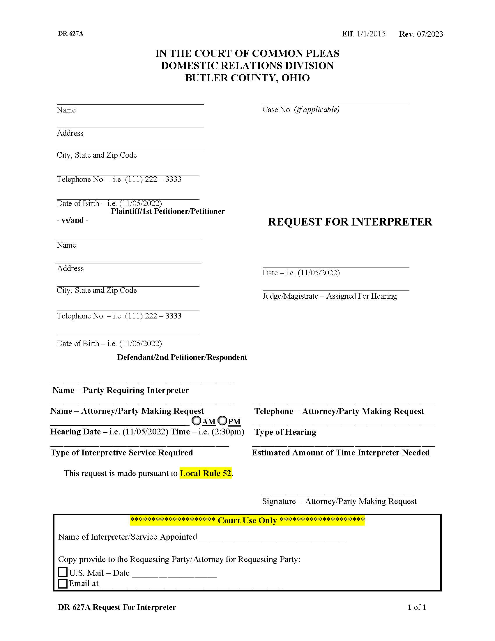 Request For Interpreter {DR 627} | Pdf Fpdf Doc Docx | Ohio