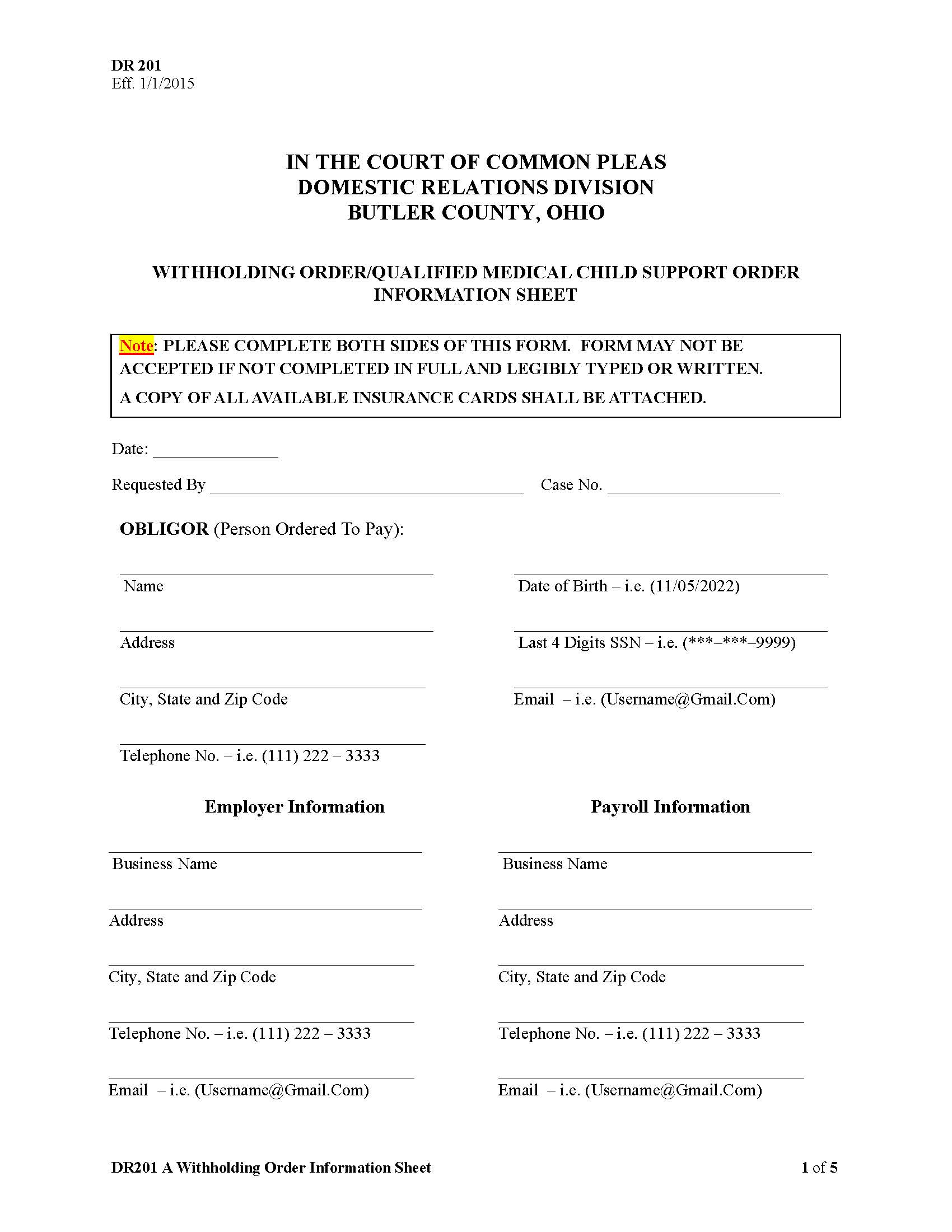 Withholding Order Qualified Medical Child Support Order {DR 201} | Pdf Fpdf Doc Docx | Ohio