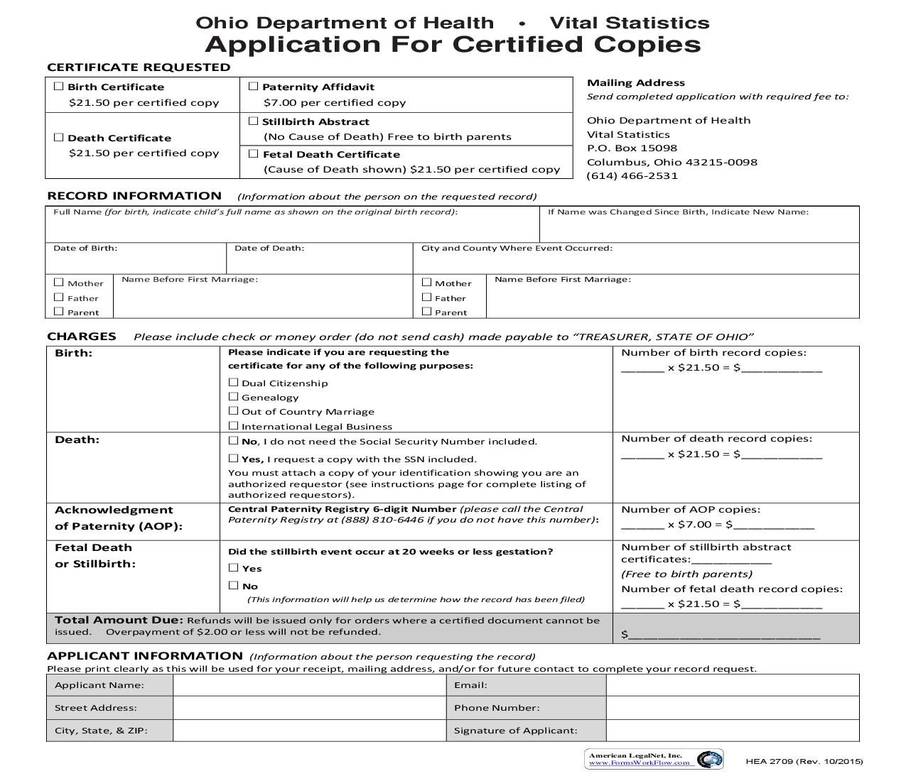 Application For Certified Copies {HEA 2709} | Pdf Fpdf Doc Docx | Ohio