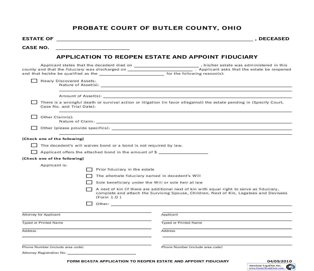 Application To Reopen Estate And Appoint Fiduciary | Pdf Fpdf Doc Docx | Ohio