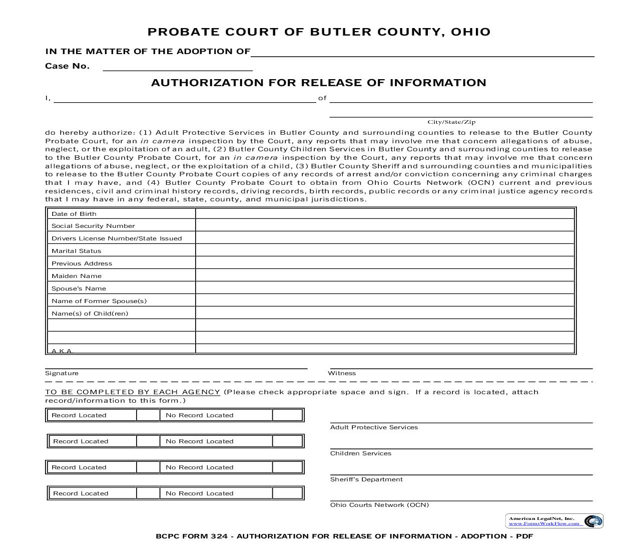 Authorization For Release Of Information {324} | Pdf Fpdf Doc Docx | Ohio