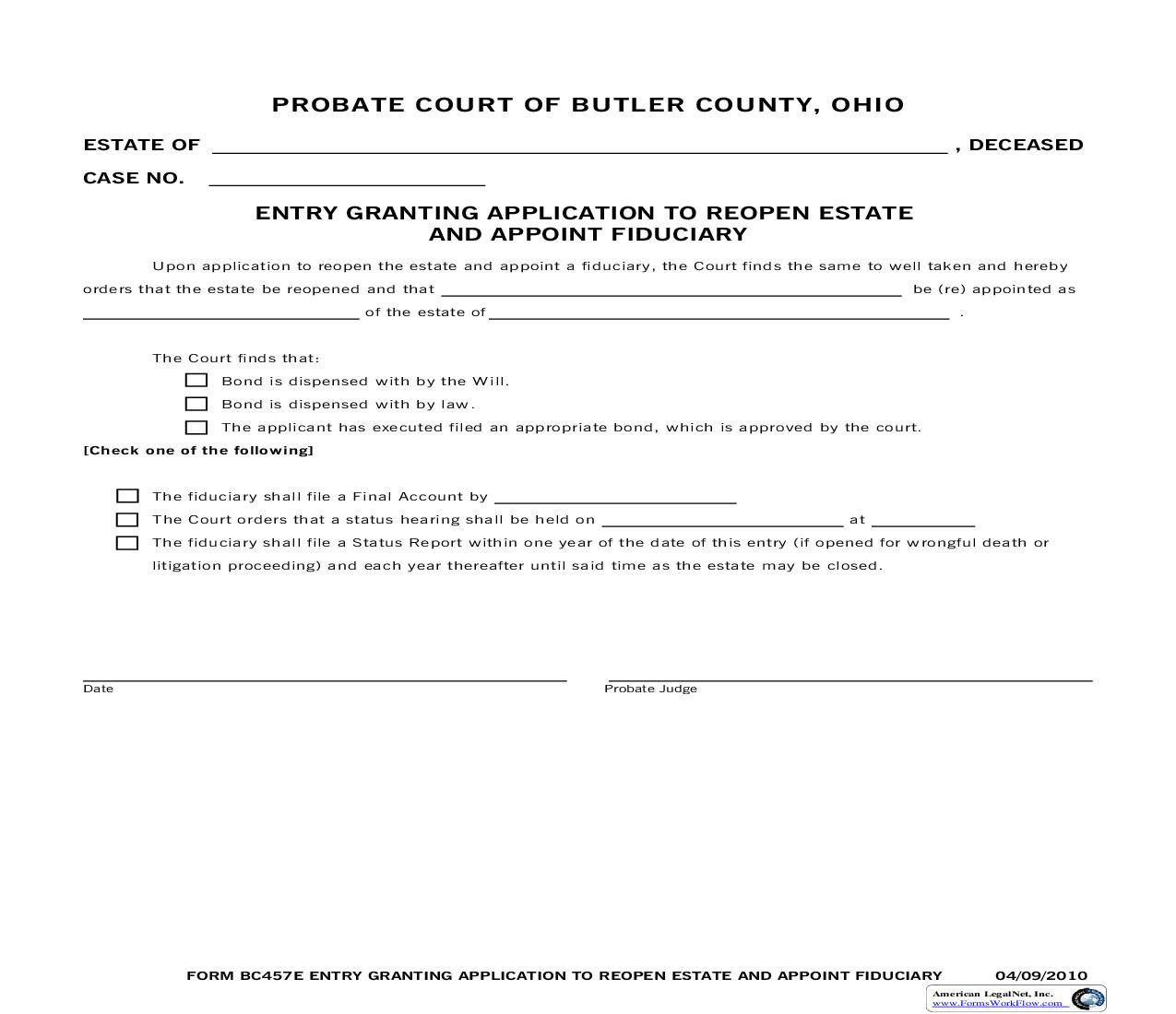Entry Granting Application To Reopen Estate And Appoint Fiduciary | Pdf Fpdf Doc Docx | Ohio
