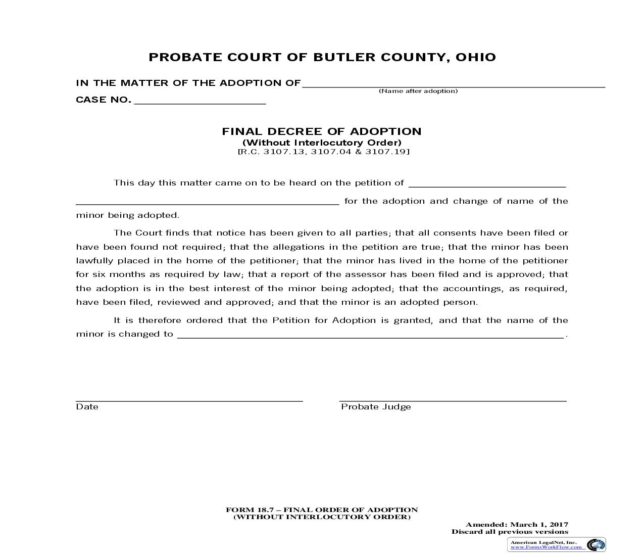 Final Decree Of Adoption {18.7} | Pdf Fpdf Doc Docx | Ohio