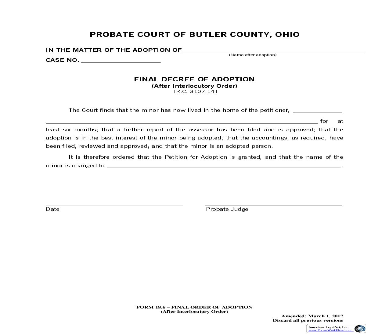 Final Decree Of Adoption After Interlocutory Order {18.6} | Pdf Fpdf Doc Docx | Ohio
