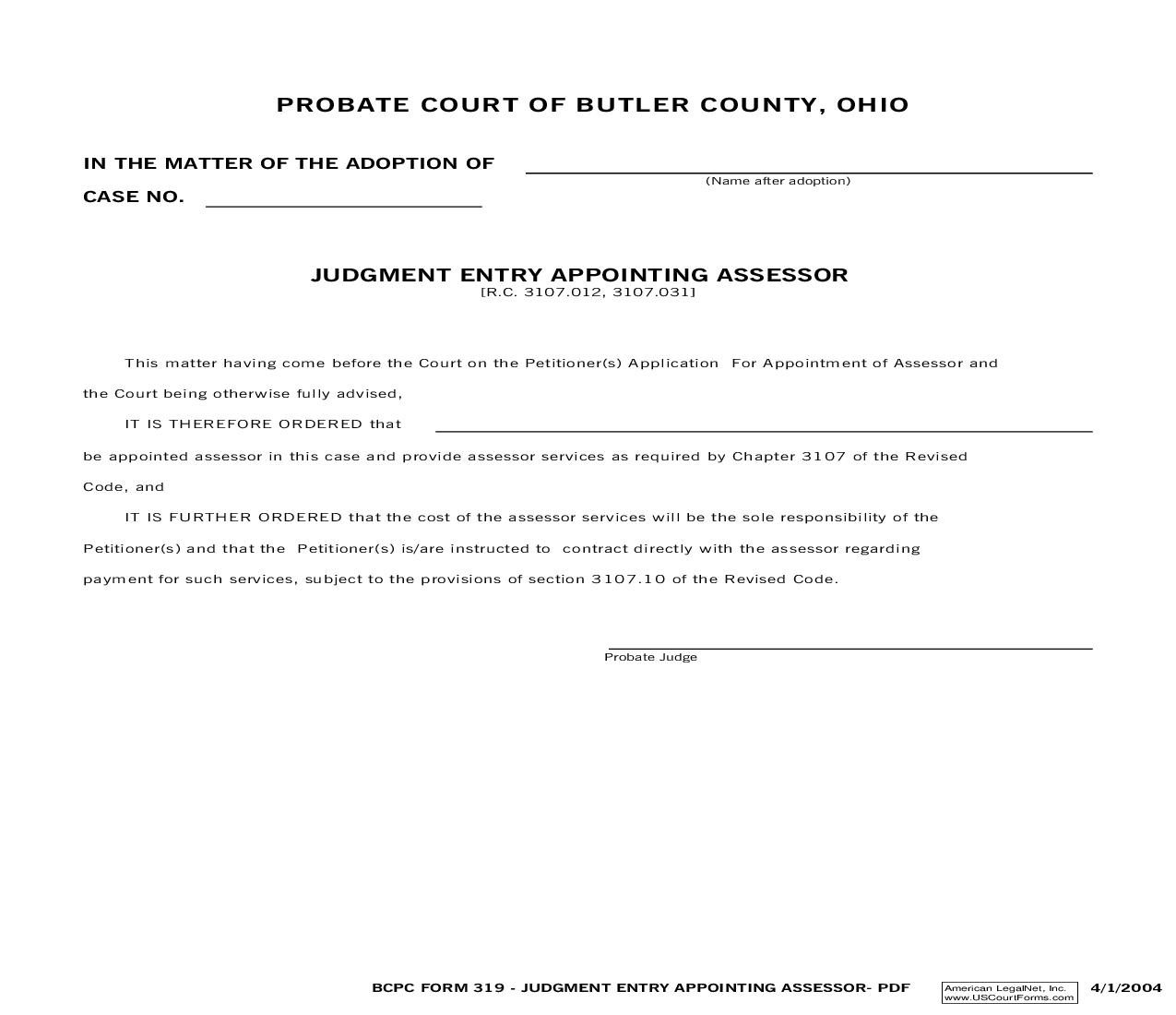 Judgment Entry Appointing Assessor {319} | Pdf Fpdf Doc Docx | Ohio