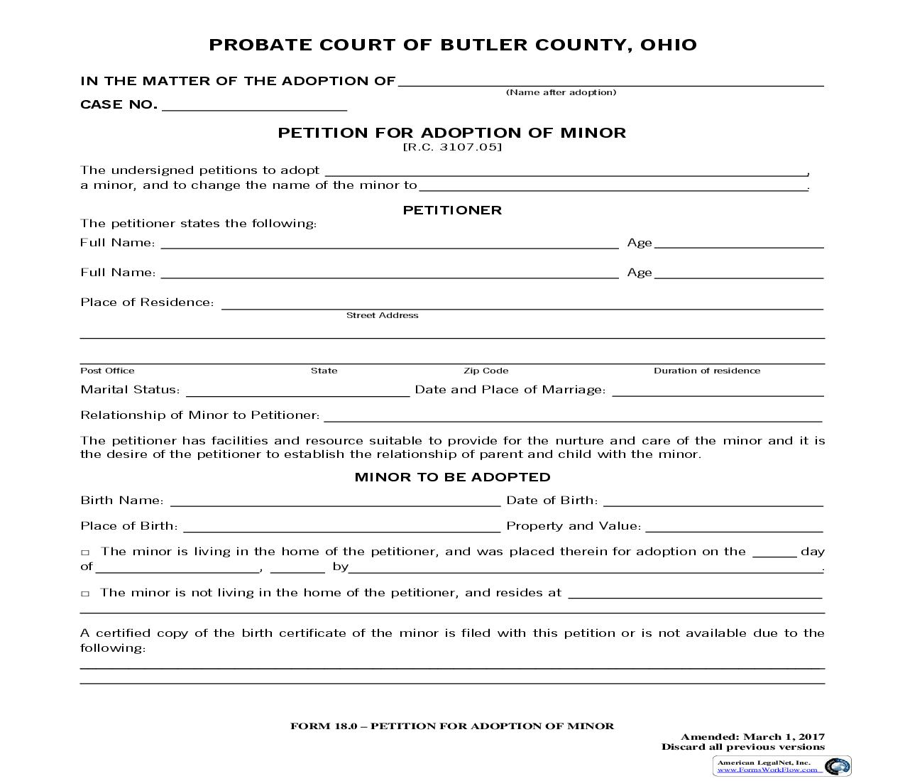 Petition For Adoption Of Minor {18.0} | Pdf Fpdf Doc Docx | Ohio