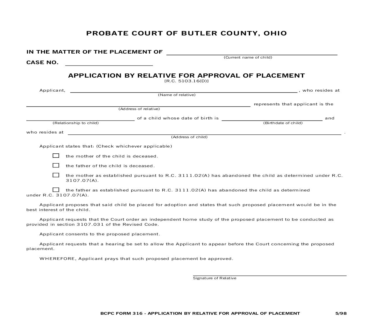 Application By Relative For Approval Of Placement {316} | Pdf Fpdf Doc Docx | Ohio
