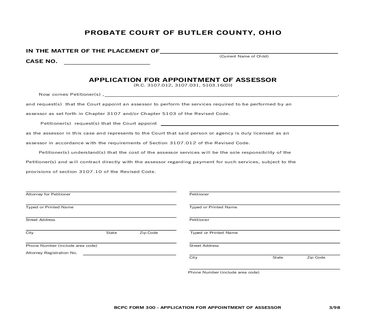 Application For Appointment Of Assessor {300} | Pdf Fpdf Doc Docx | Ohio