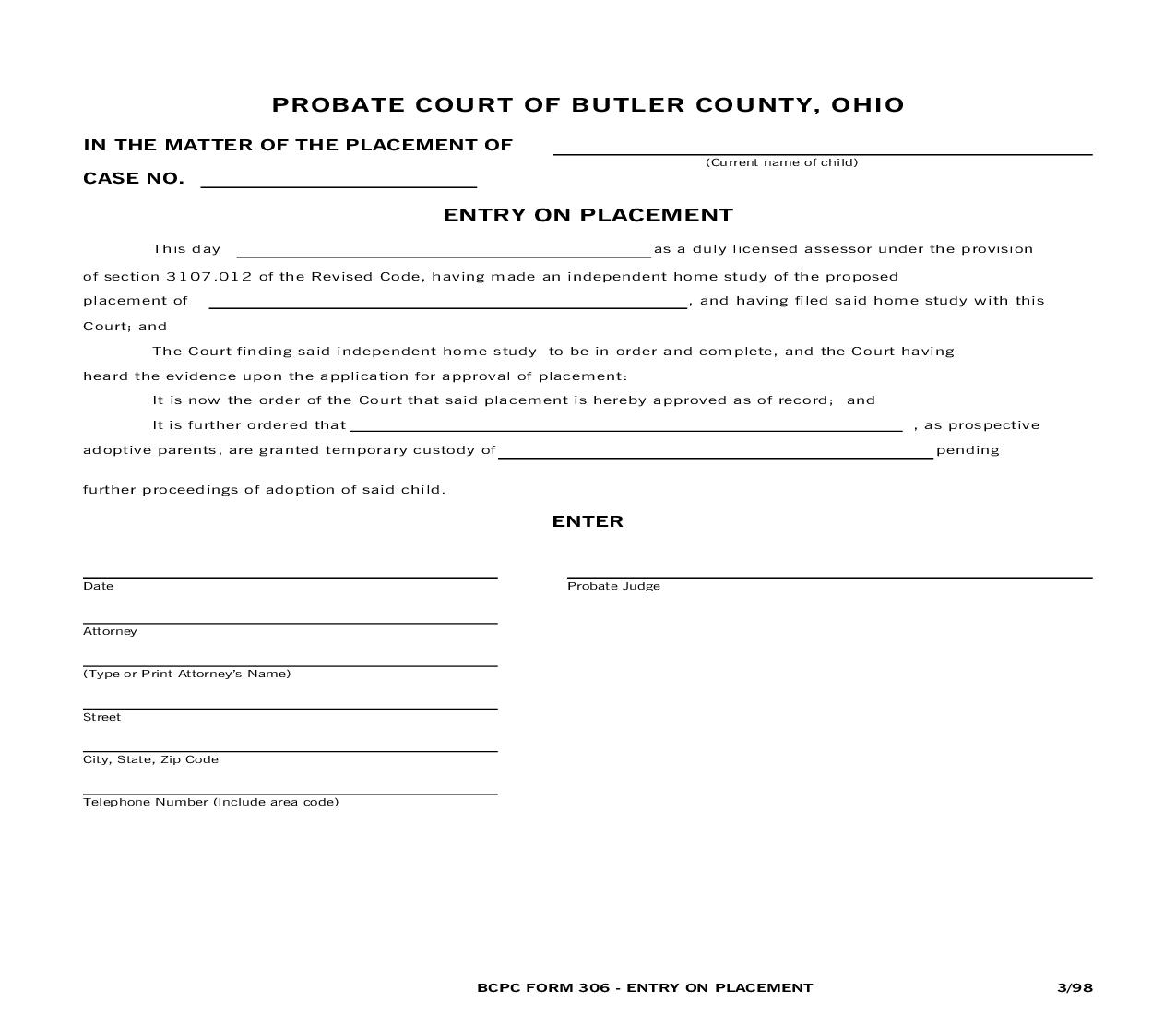 Entry On Placement {306} | Pdf Fpdf Doc Docx | Ohio